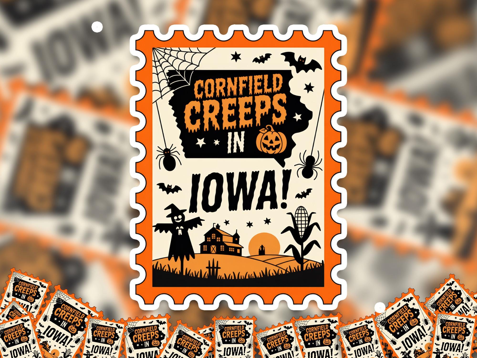 Iowa Stamp Halloween Sticker, Spooky USA Kiss-Cut Vinyl, Waterproof Decal, United States Travel