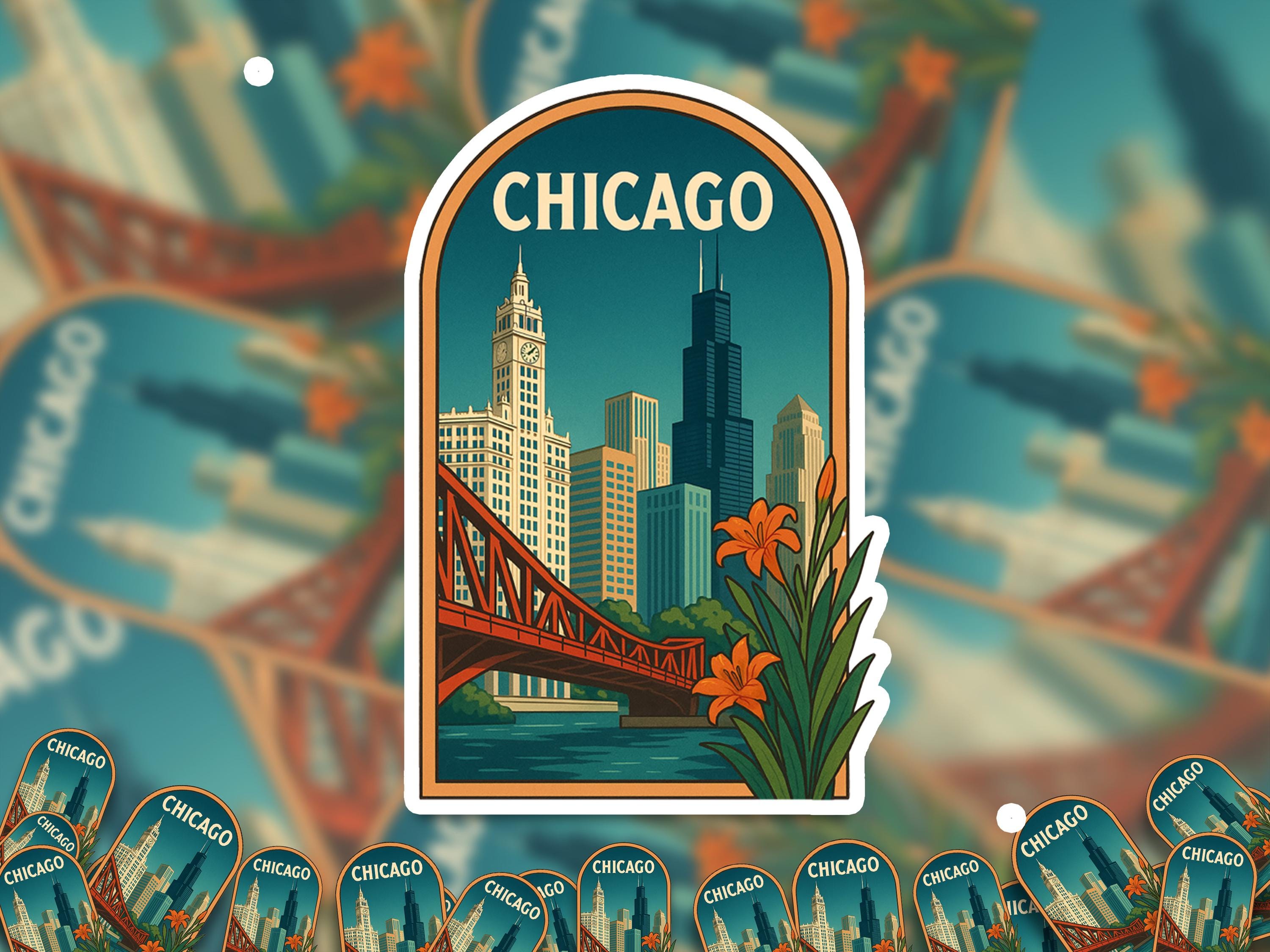 Chicago Sticker, Illinois Vintage City Vinyl Decal, Retro Travel Lover Collection, Journal Scrapbook