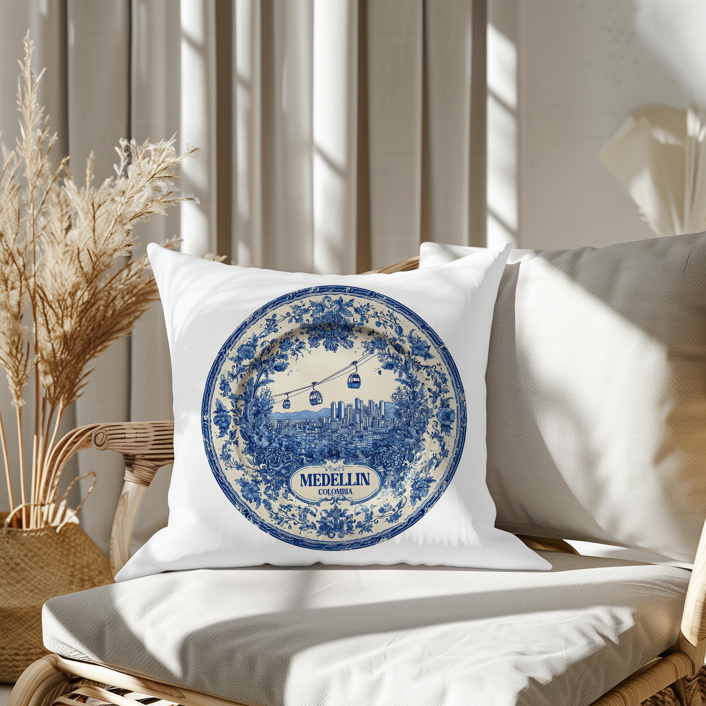 Medellin Colombia Pillowcase, Delft Style Decorative Throw Pillow, Vintage Cityscape Retro Home Decor