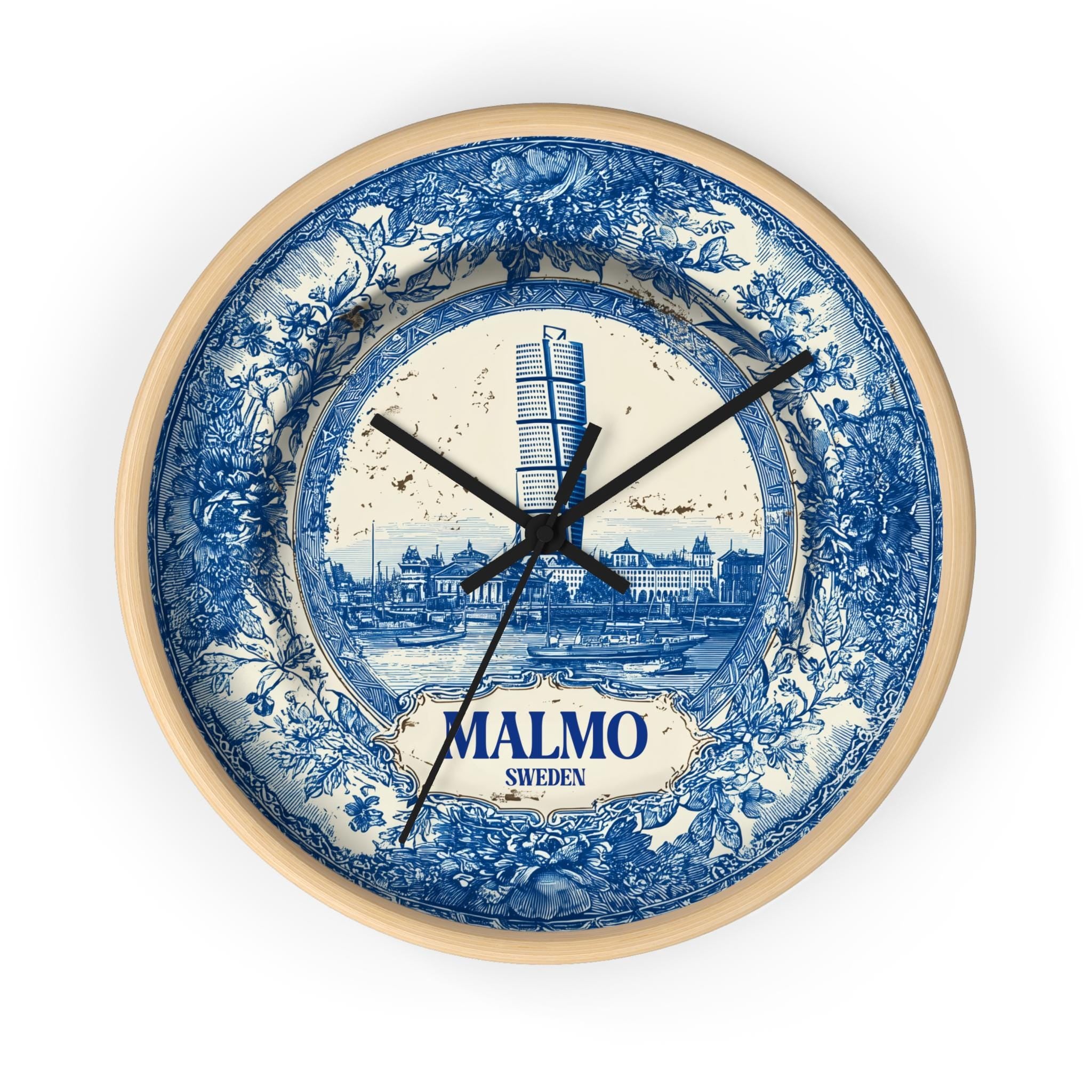 Malmo Sweden Wall Clock, Delf style Home Decor, Vintage City Travel Keepsake Art