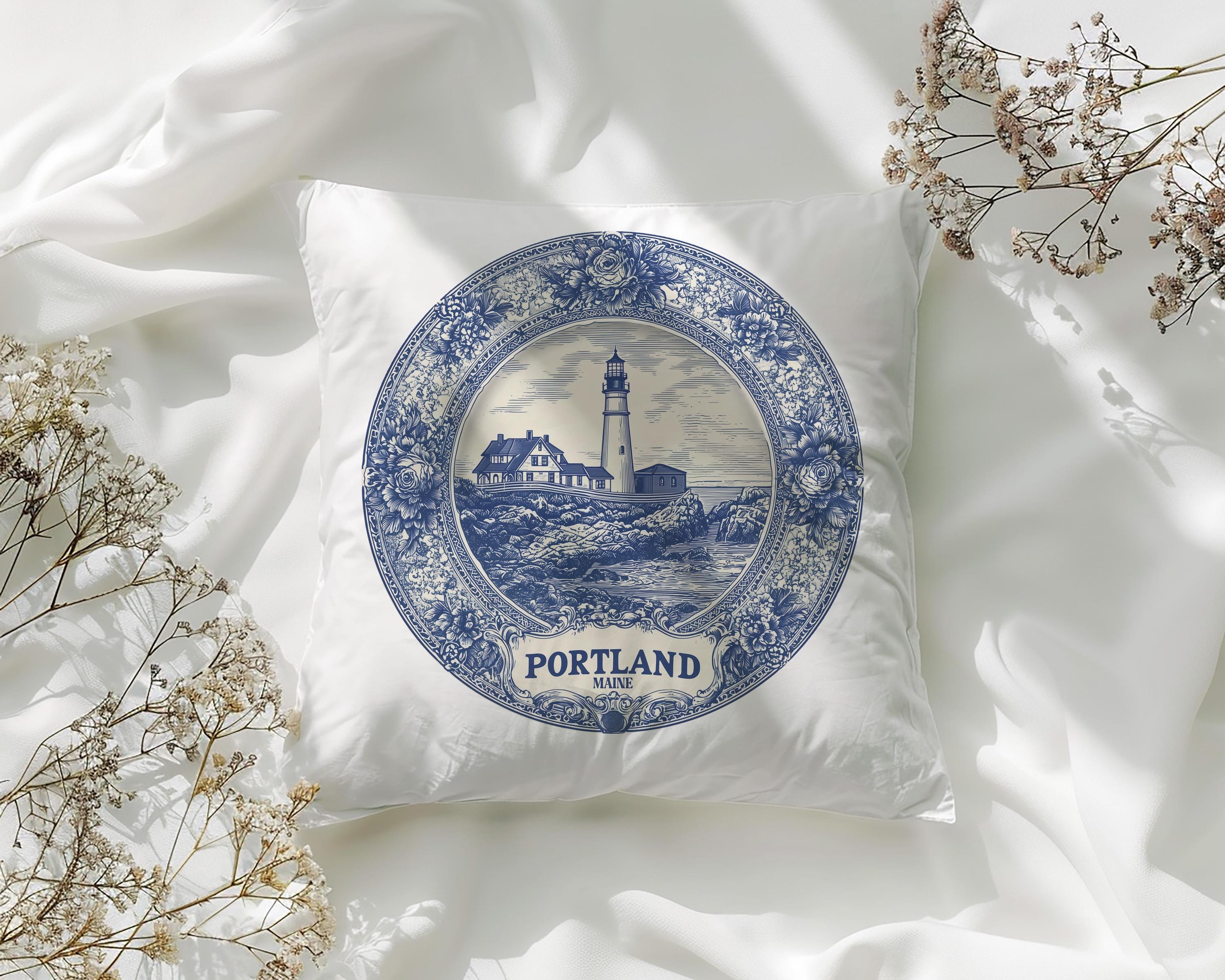 Portland Maine Pillowcase, Delft Style Decorative Throw Pillow, Vintage Cityscape Retro Home Decor