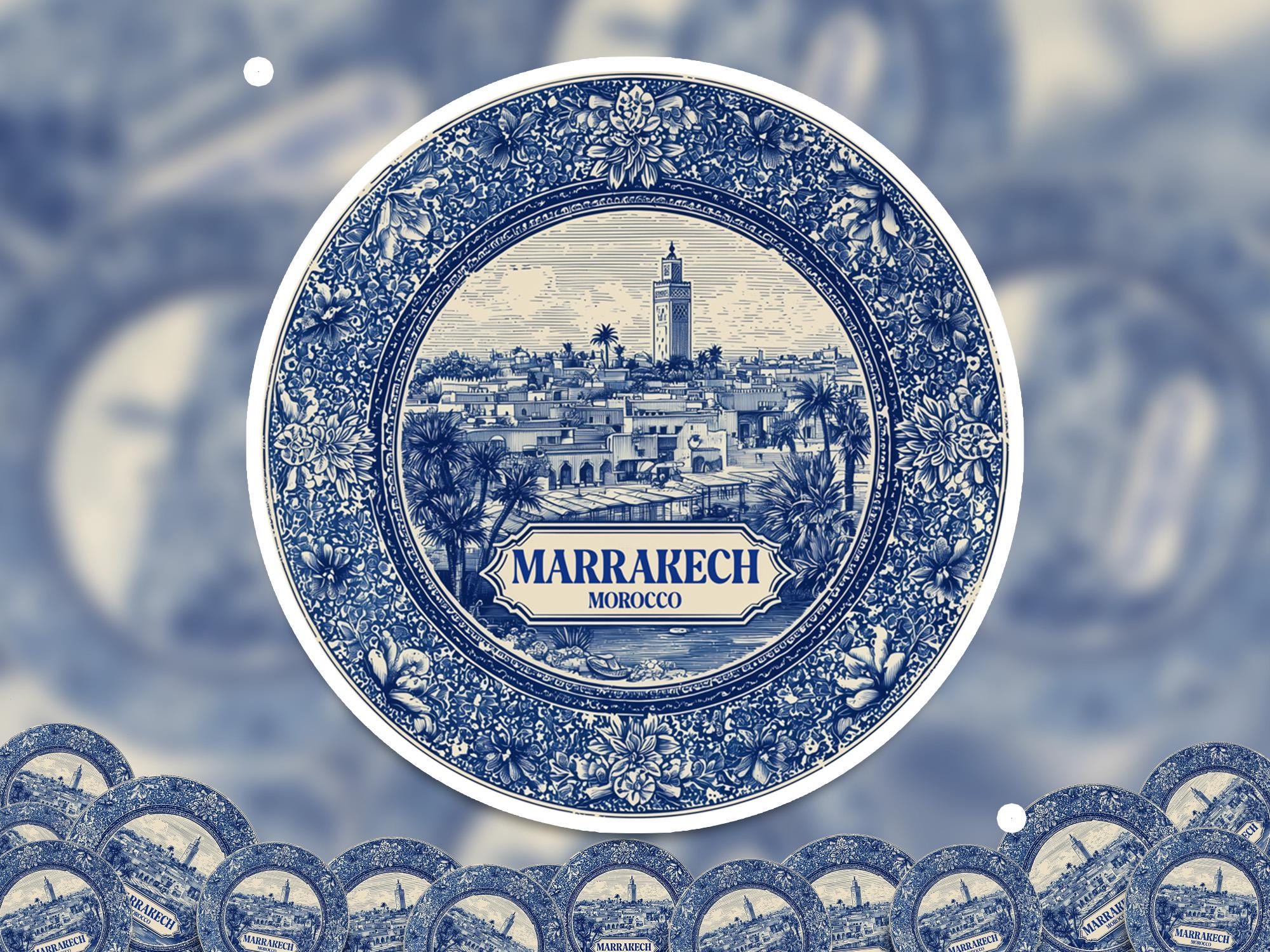 Marrakech Morocco Sticker Vintage Delft style, Delftware Decal Waterproof Vinyl, Blue City Travel