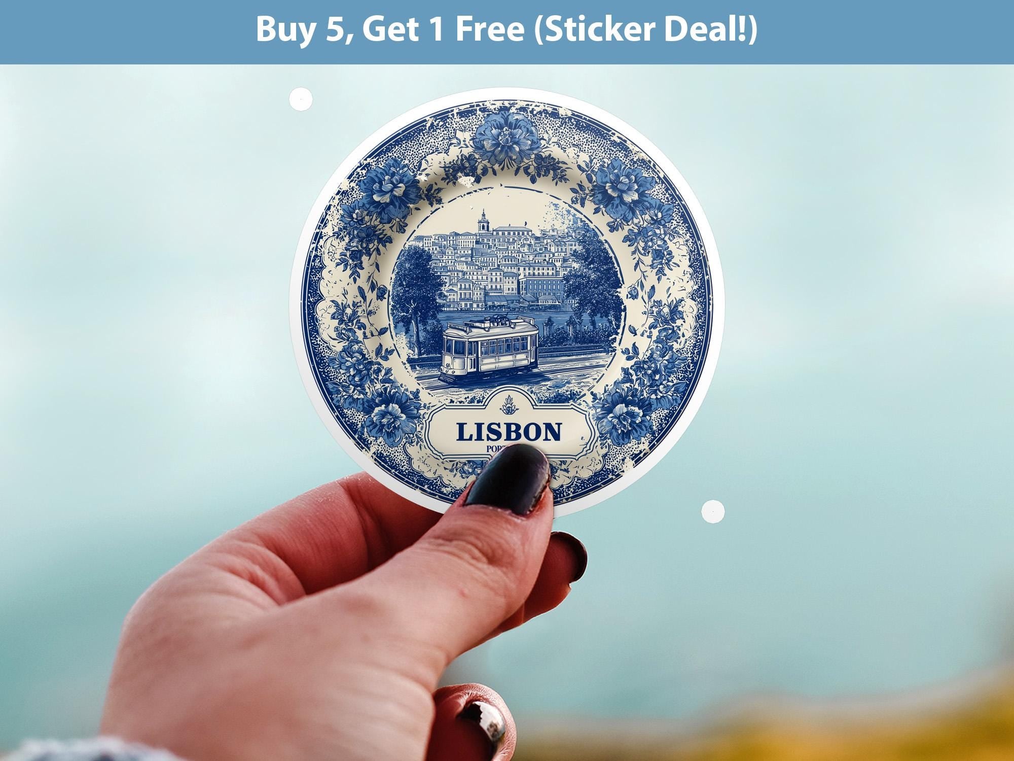 Lisbon Portugal Sticker Vintage Delft style, Delftware Decal Waterproof Vinyl, Blue City Travel