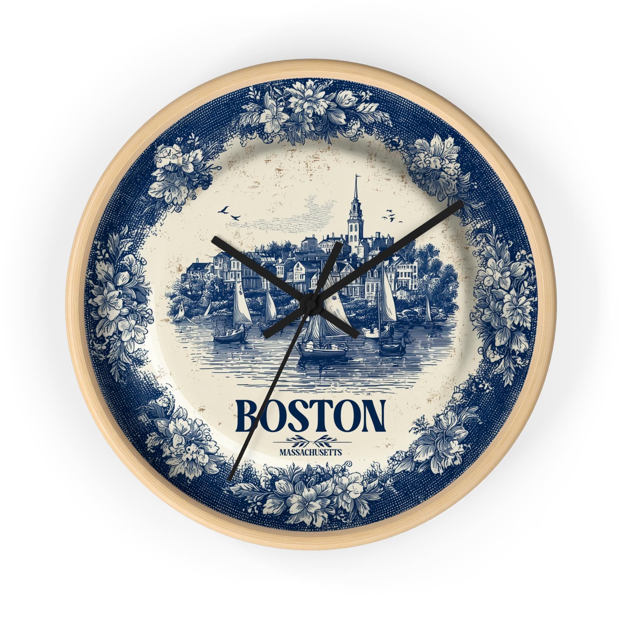 Boston Massachusetts2 Wall Clock, Delf style Home Decor, Vintage City Travel Keepsake Art
