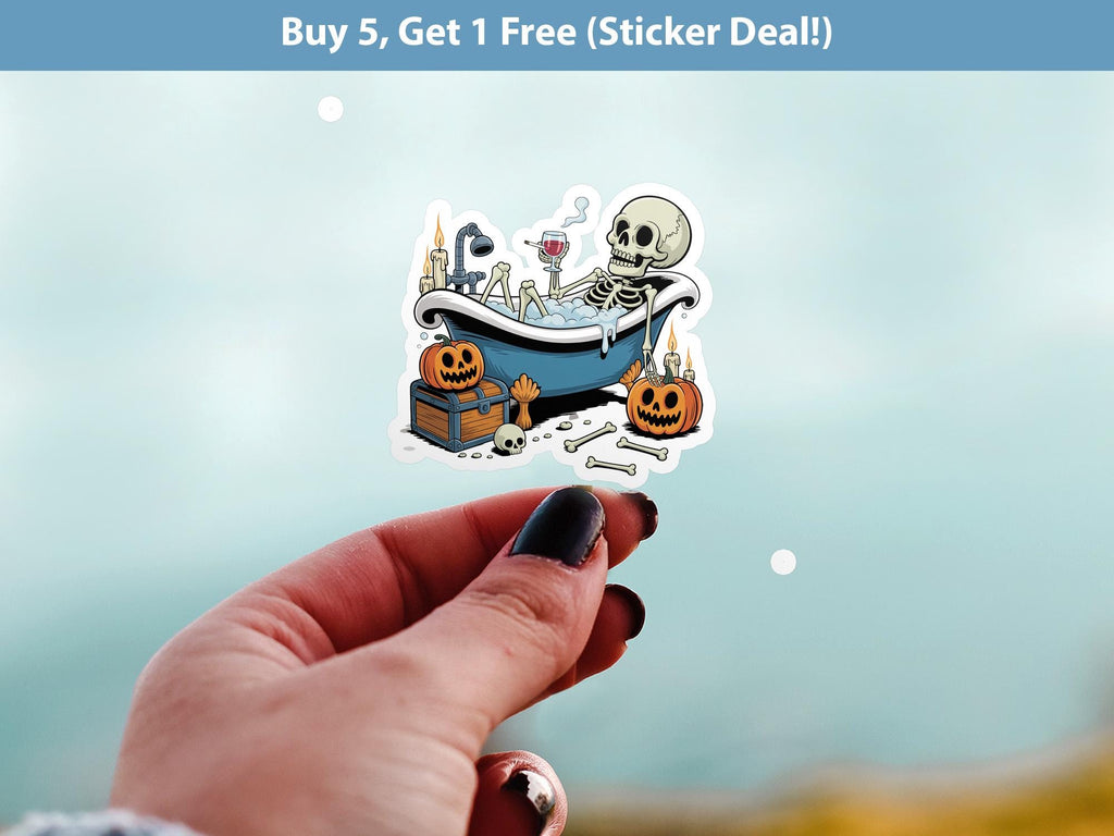 Skeleton in bathtub Sticker, Spooky Halloween Waterproof Decal for tumbler, kindle