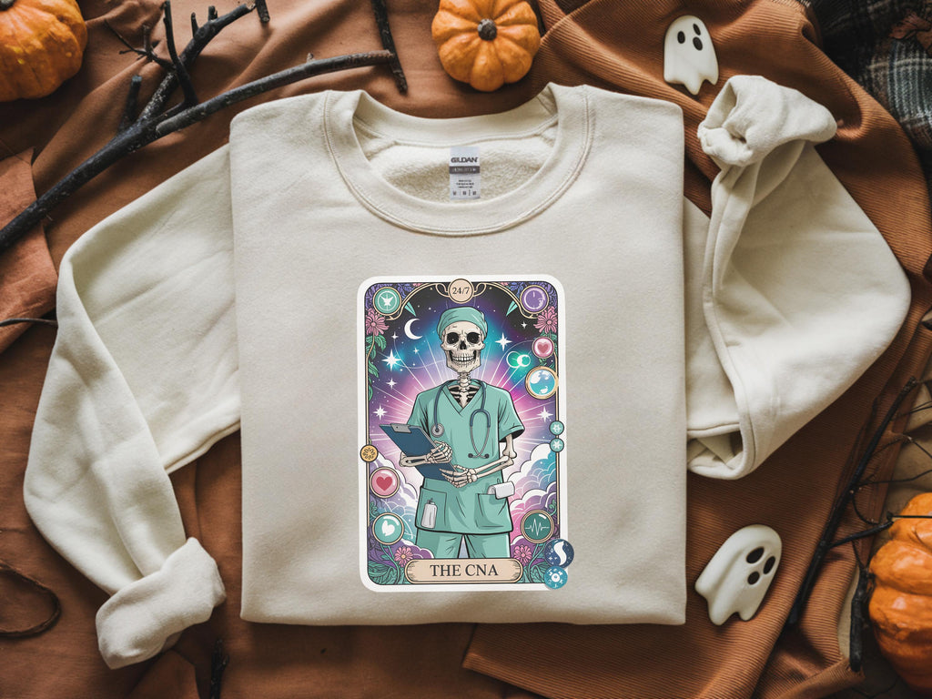 CNA Spooky Season Nurse Sweatshirt: Halloween Tarot Card Skeleton Design