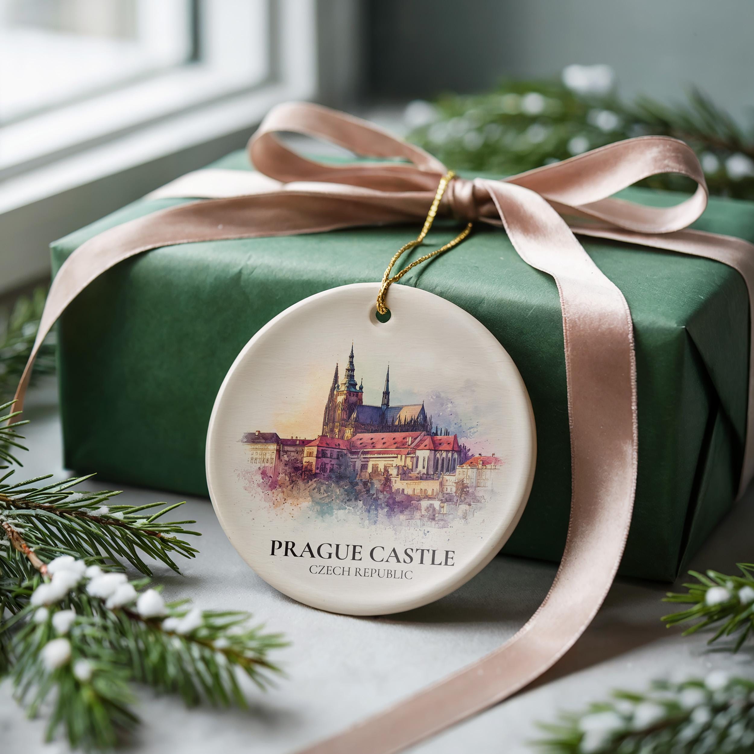 Prague Castle Czech Republic Personalized Watercolor Ornament, Custom Ceramic Christmas gift, Travel Keepsake
