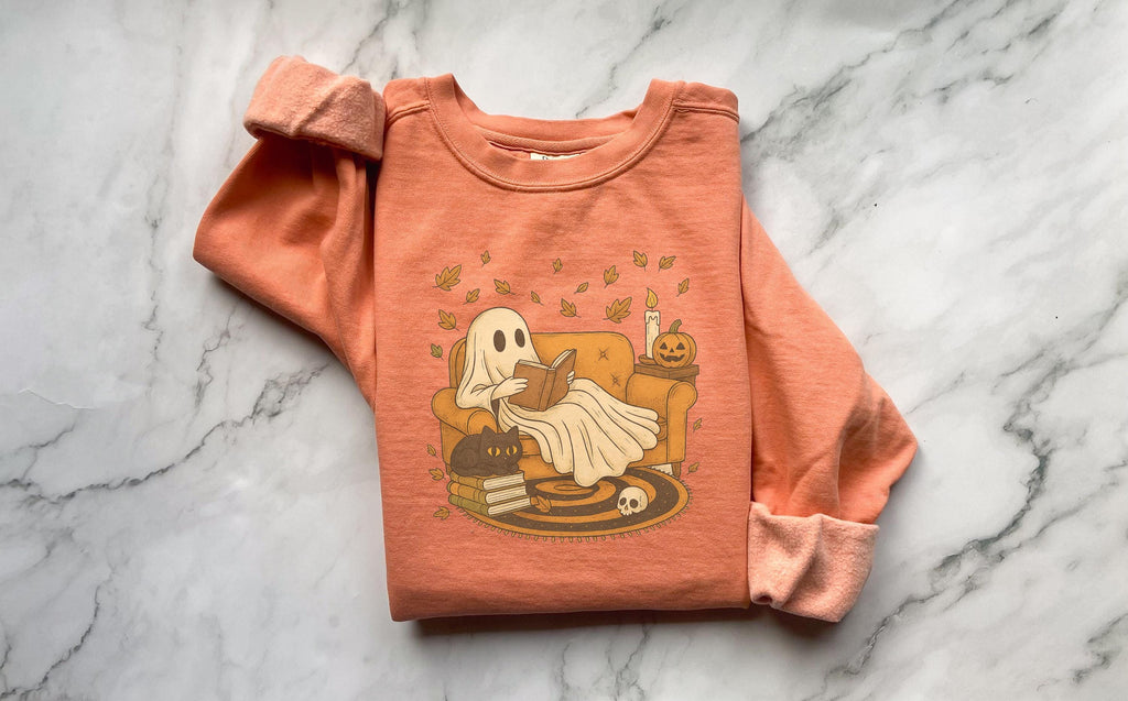 Retro Ghost reading book Halloween, Lazy Cute Halloween Spooky Season gift for her, Boo School, gift for her, him