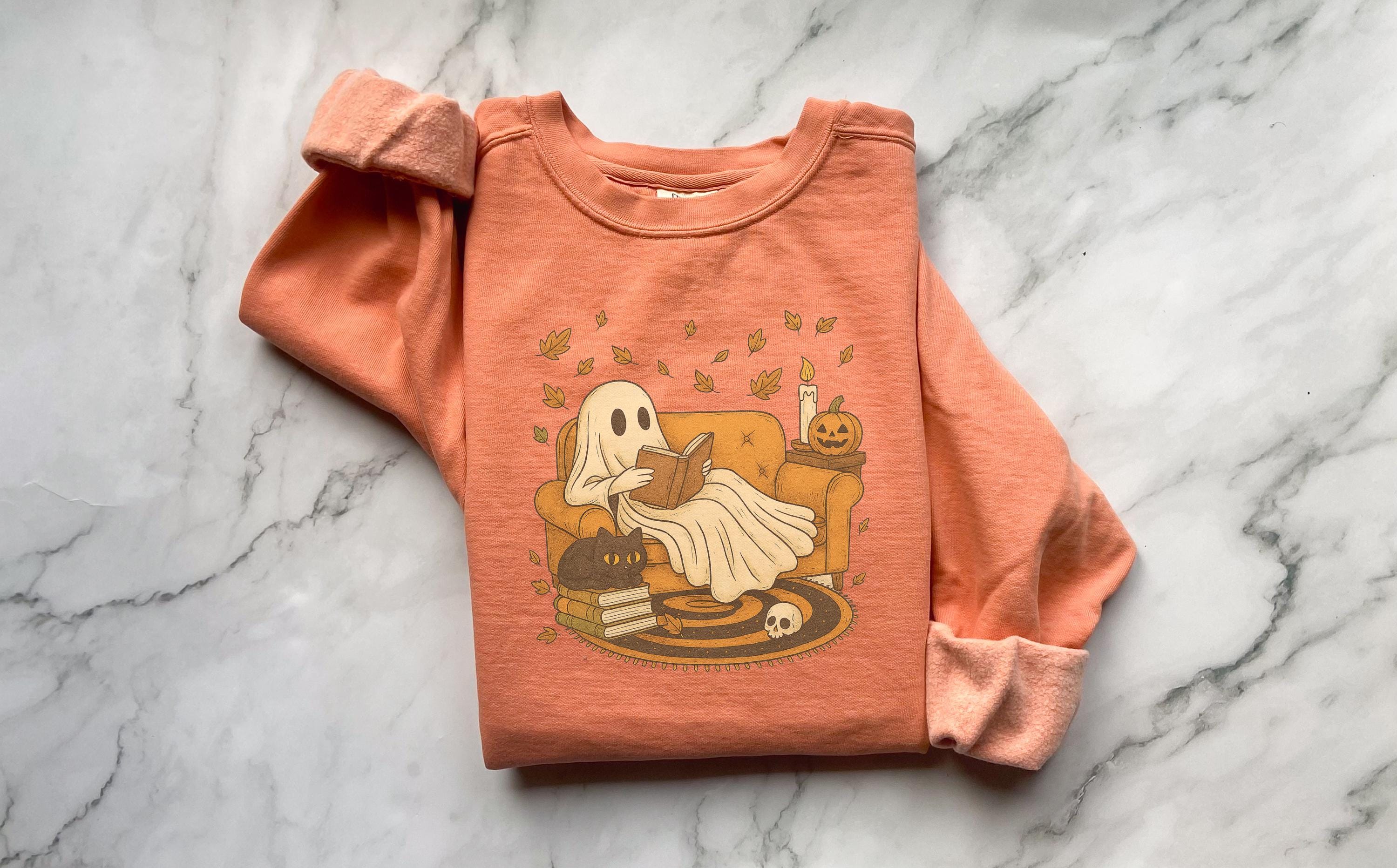 Retro Ghost reading book Halloween, Lazy Cute Halloween Spooky Season gift for her, Boo School, gift for her, him