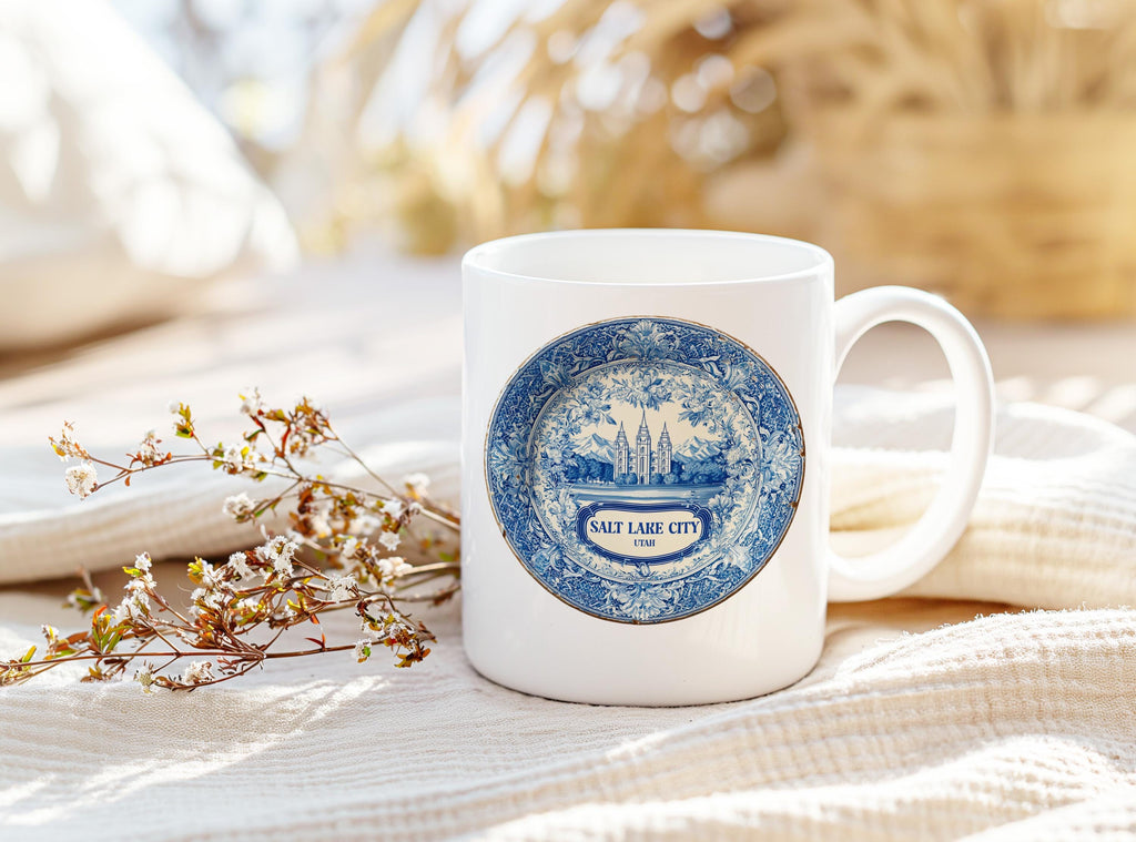 Salt Lake City Utah Mug, Custom Delft Style cup, Personalized Vintage Travel City Gift