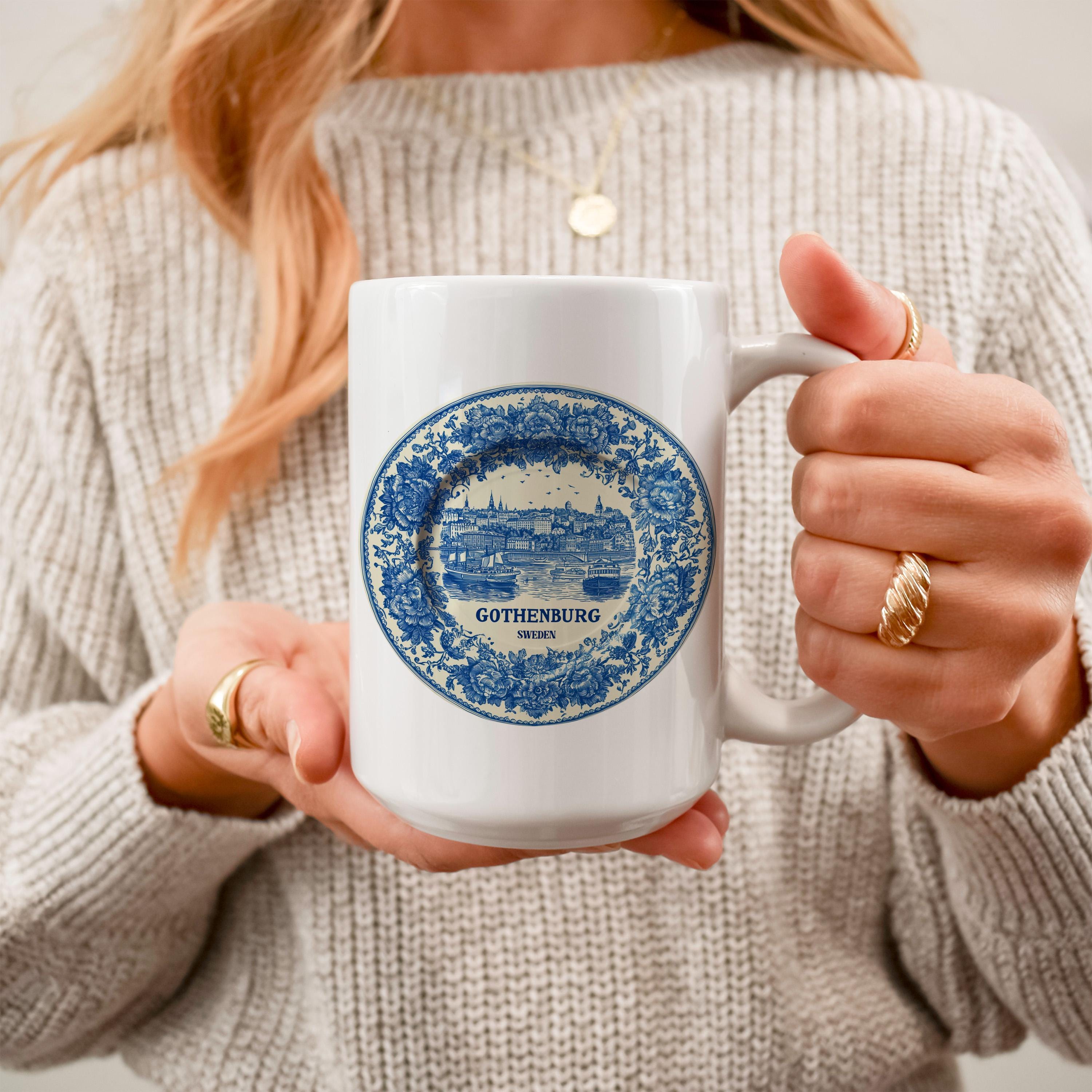 Gothenburg Sweden Mug, Custom Delft Style cup, Personalized Vintage Travel City Gift