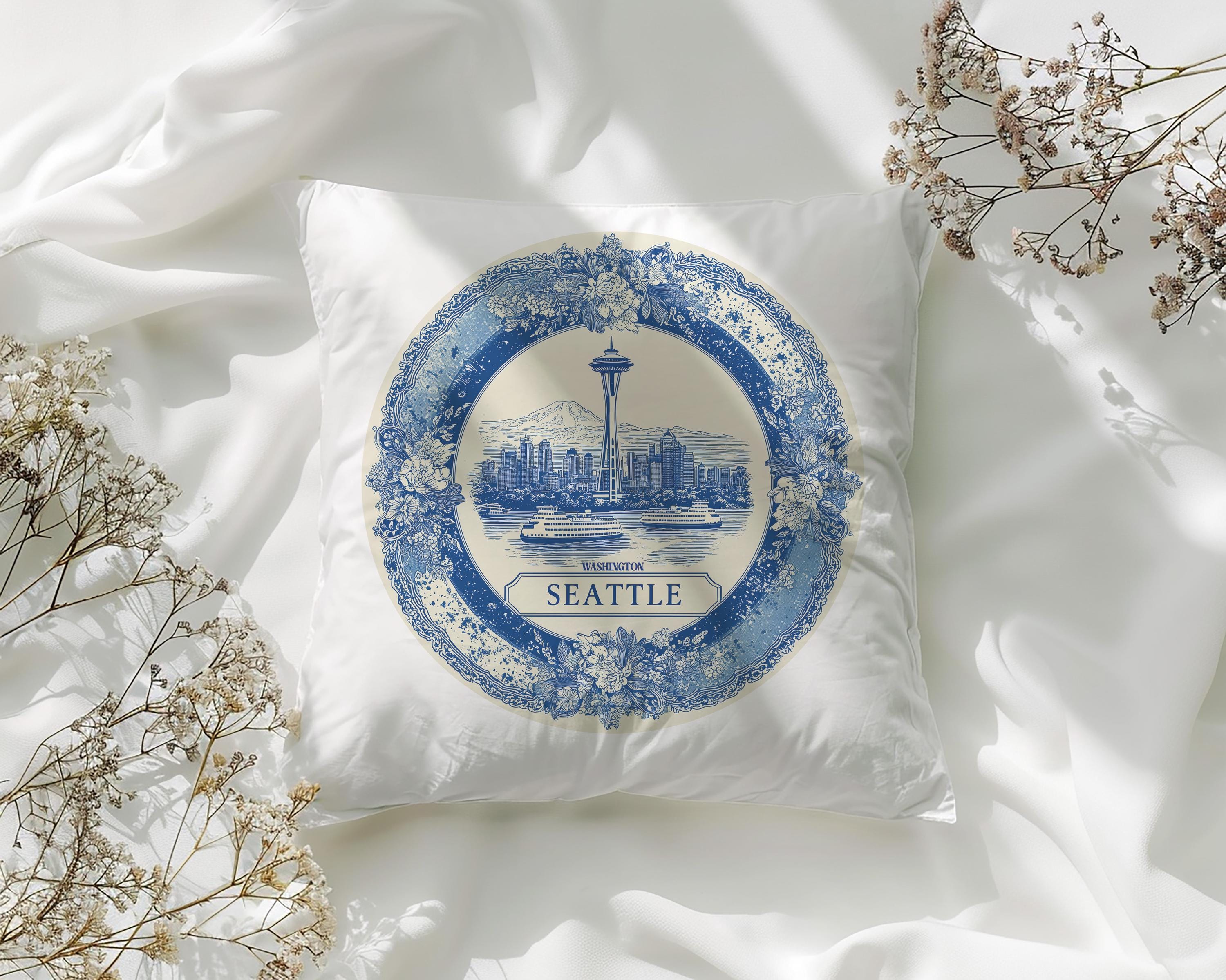 Seattle Washington Pillowcase, Delft Style Decorative Throw Pillow, Vintage Cityscape Retro Home Decor