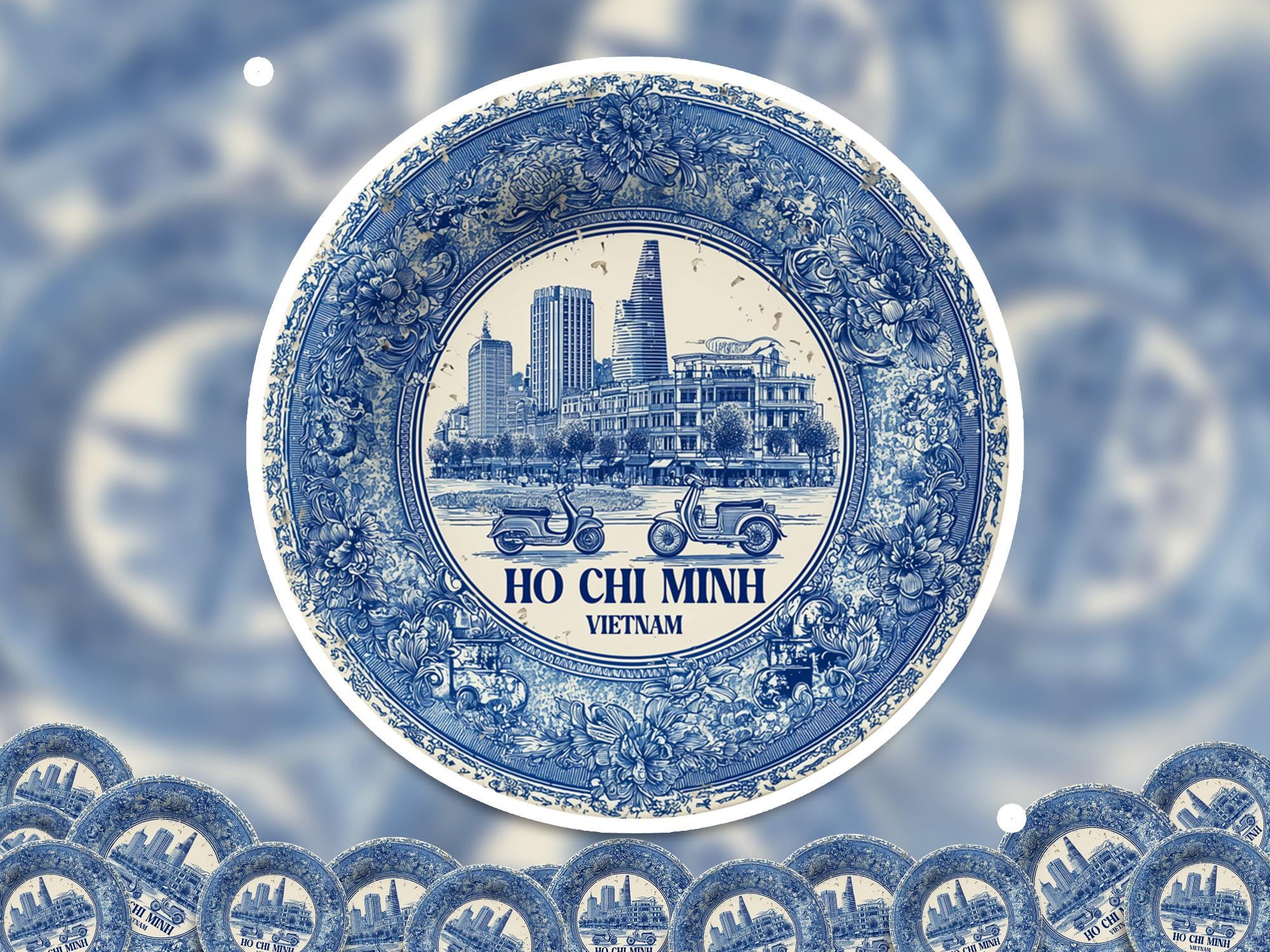 Ho Chi Minh City Vietnam Sticker Vintage Delft style, Delftware Decal Waterproof Vinyl, Blue City Travel