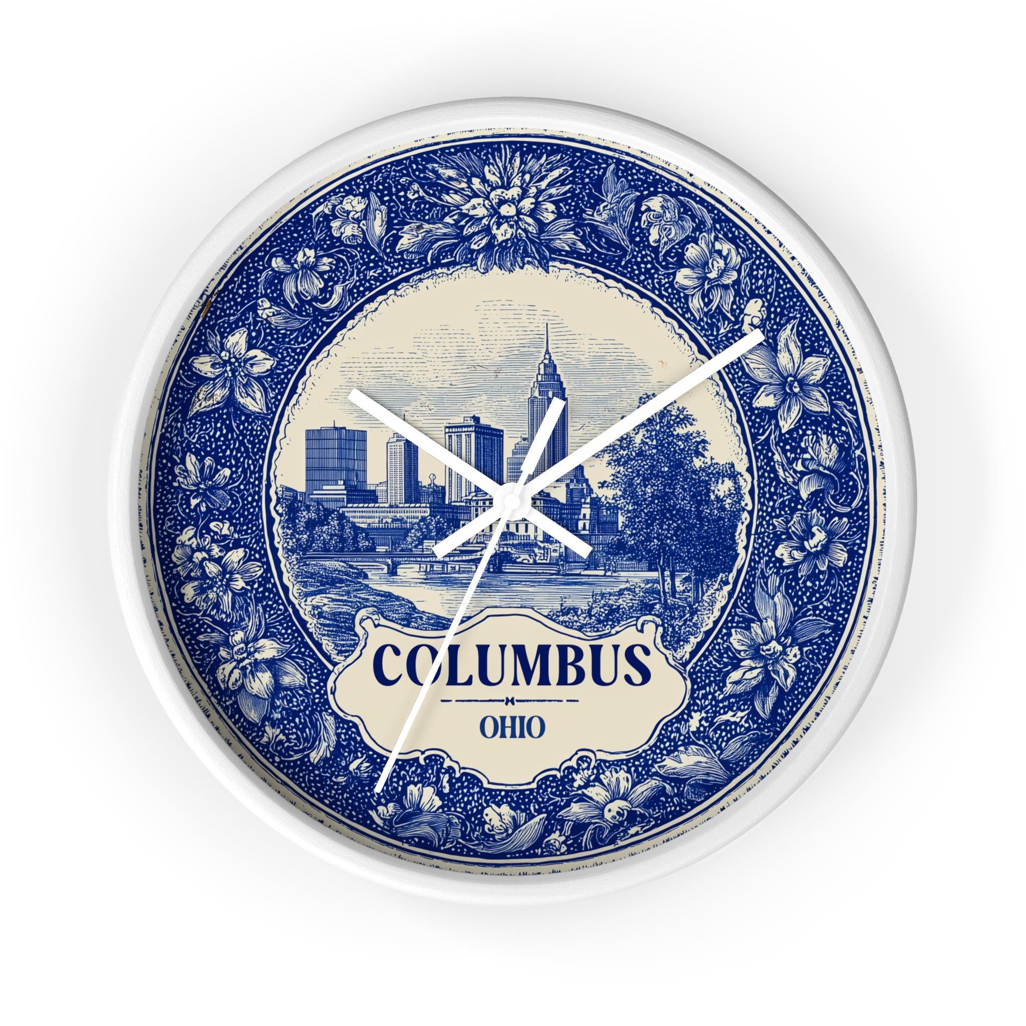 Columbus Ohio Wall Clock, Delf style Home Decor, Vintage City Travel Keepsake Art