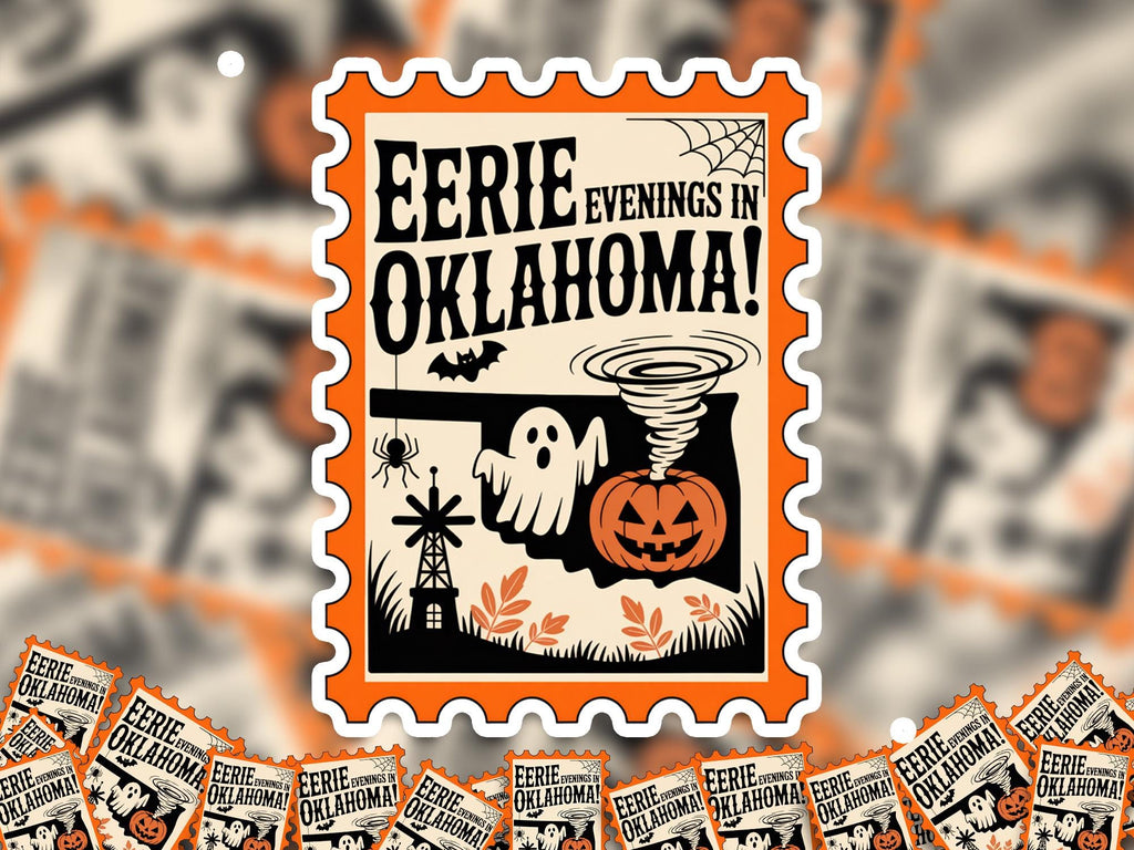 Oklahoma Stamp Halloween Sticker, Spooky USA Kiss-Cut Vinyl, Waterproof Decal, United States Travel