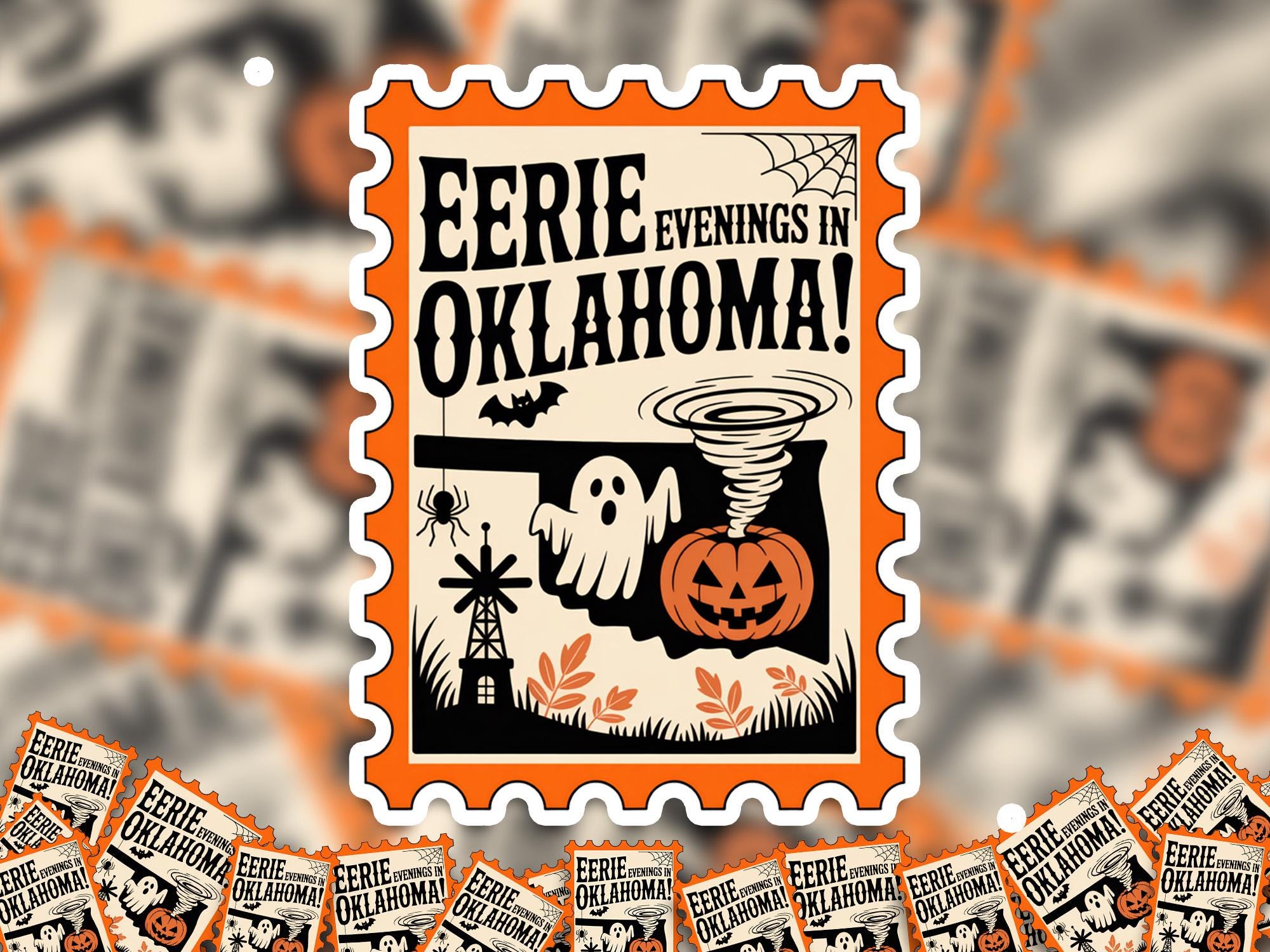 Oklahoma Stamp Halloween Sticker, Spooky USA Kiss-Cut Vinyl, Waterproof Decal, United States Travel