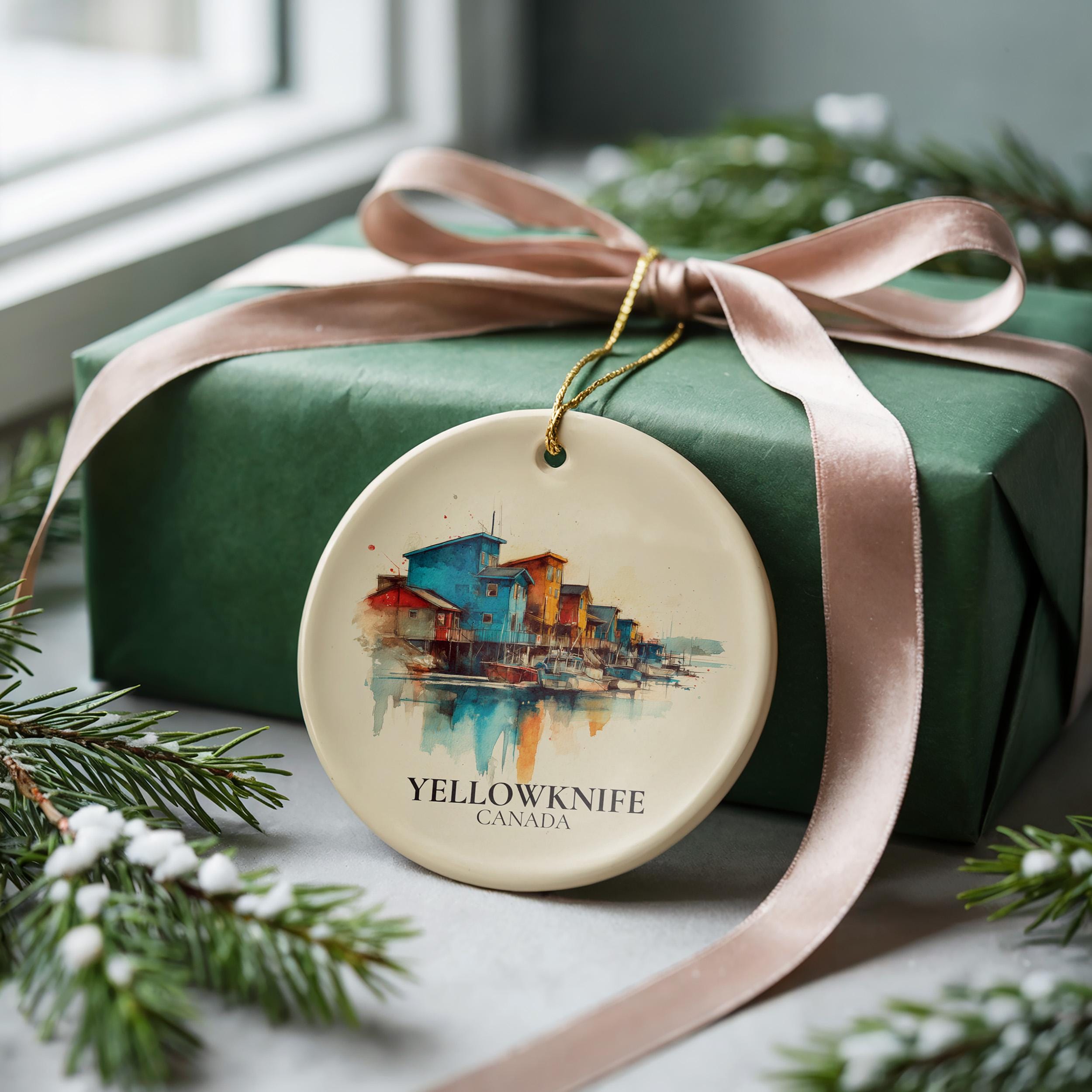 Yellowknife Canada Personalized Watercolor Ornament, Custom Ceramic Christmas gift, Travel Keepsake