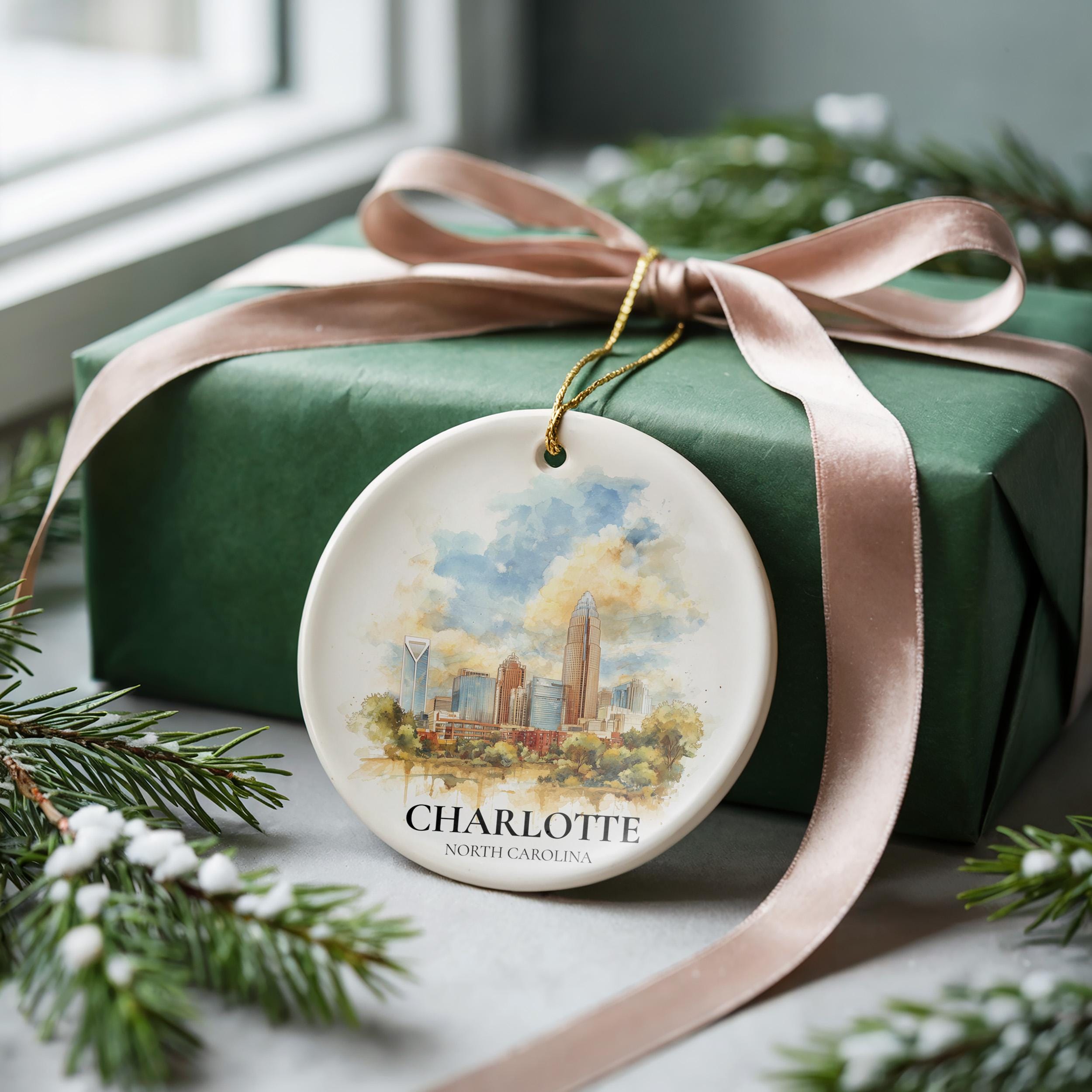 Charlotte Personalized Watercolor Ornament, North Carolina Custom Ceramic Christmas gift, Travel Keepsake