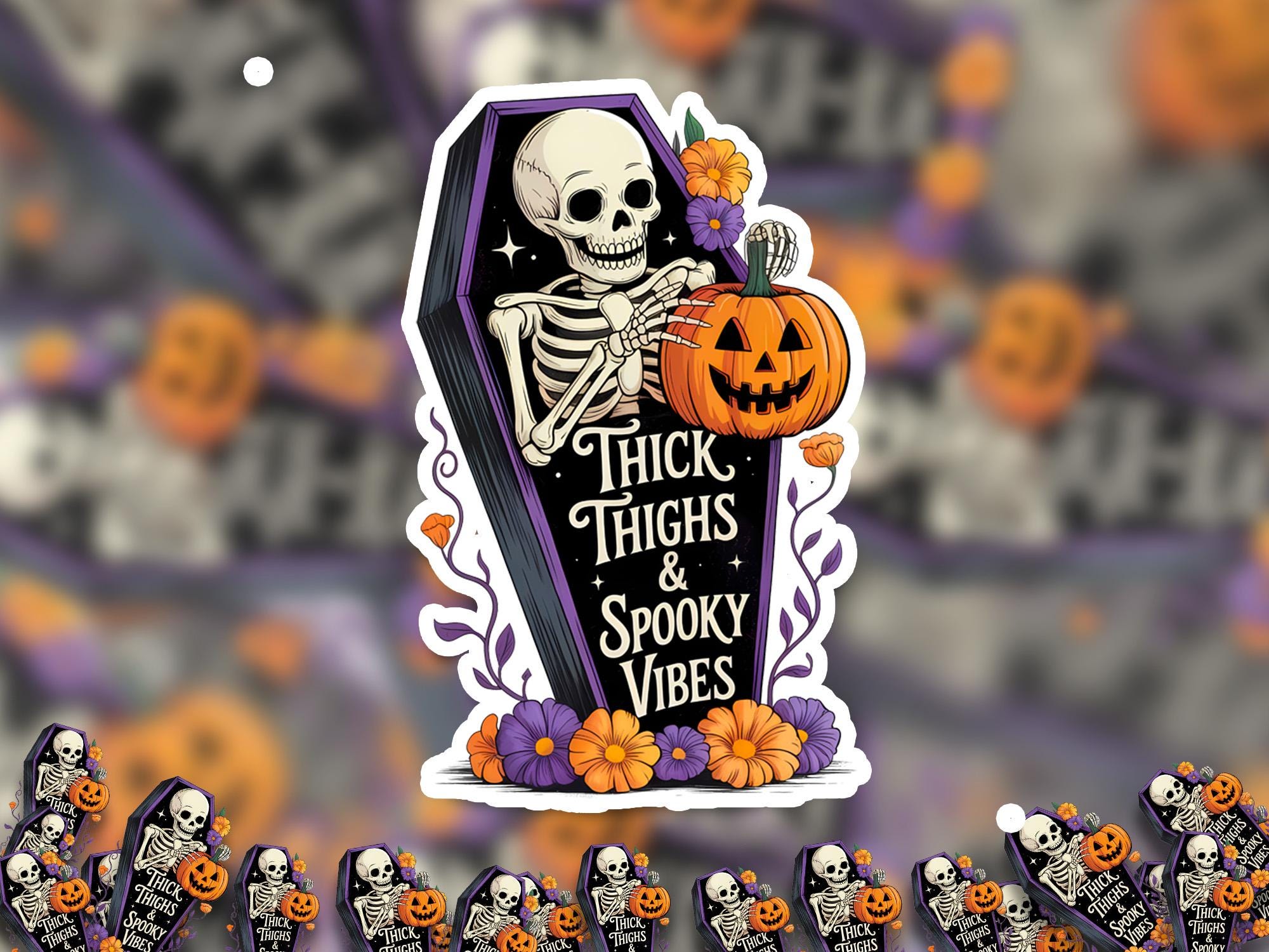 Thick Thighs & Spooky Vibes Sticker, Halloween Spooky Kiss-Cut Vinyl, Skeleton Waterproof Decal