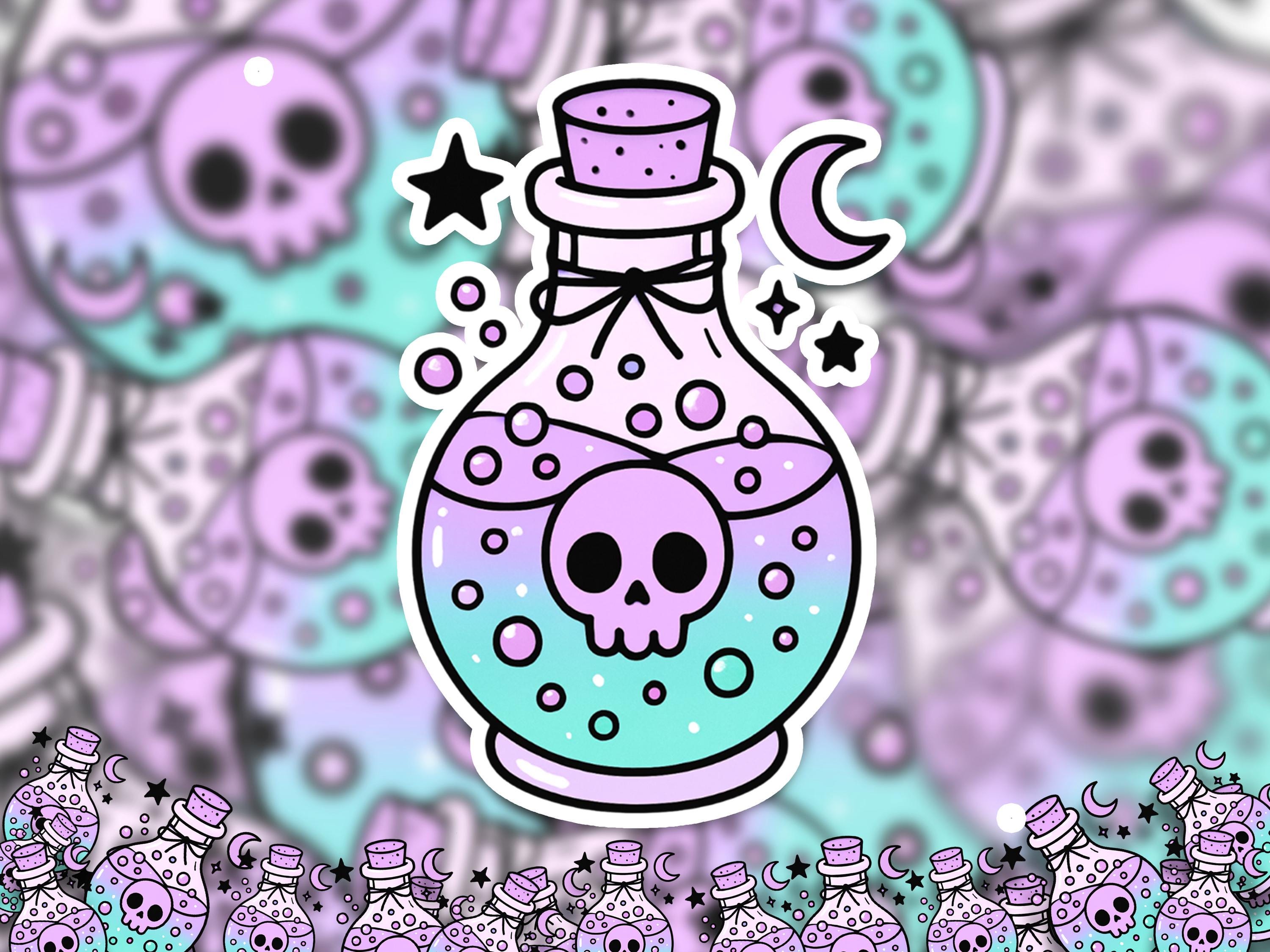 Celestial Potion Sticker, Kawaii Cute Halloween Moon Witch Bottle Decal, Pastel Gothic Vinyl