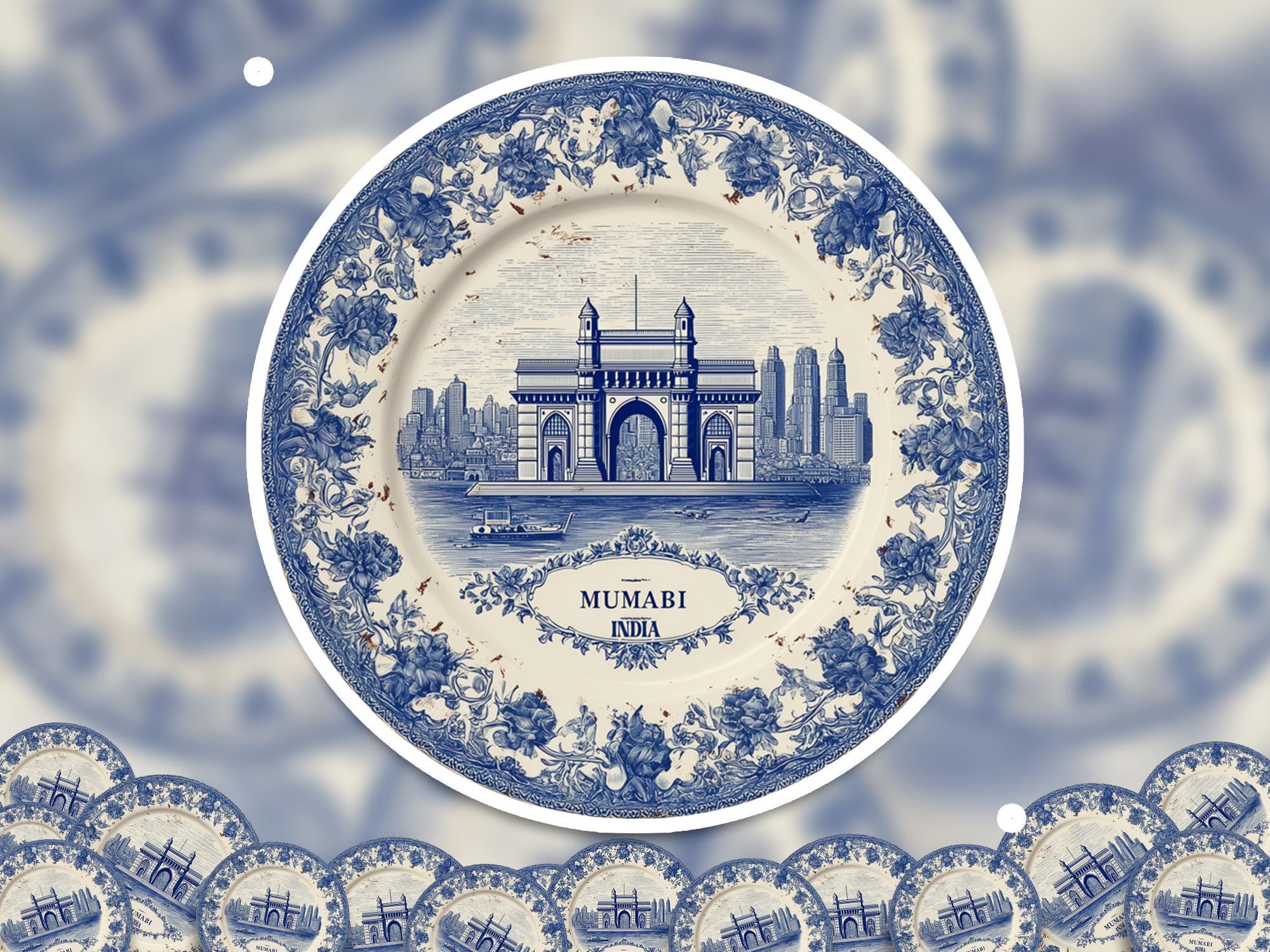 Mumbai India Sticker Vintage Delft style, Delftware Decal Waterproof Vinyl, Blue City Travel