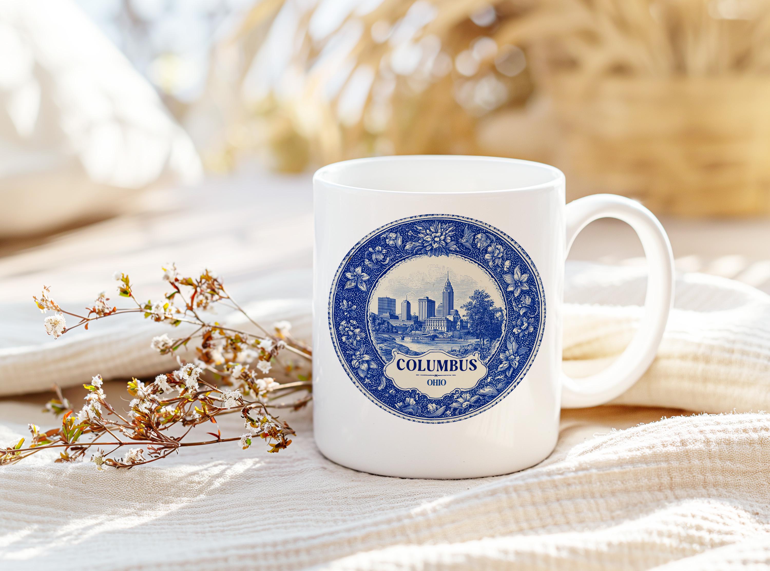 Columbus Ohio Mug, Custom Delft Style cup, Personalized Vintage Travel City Gift