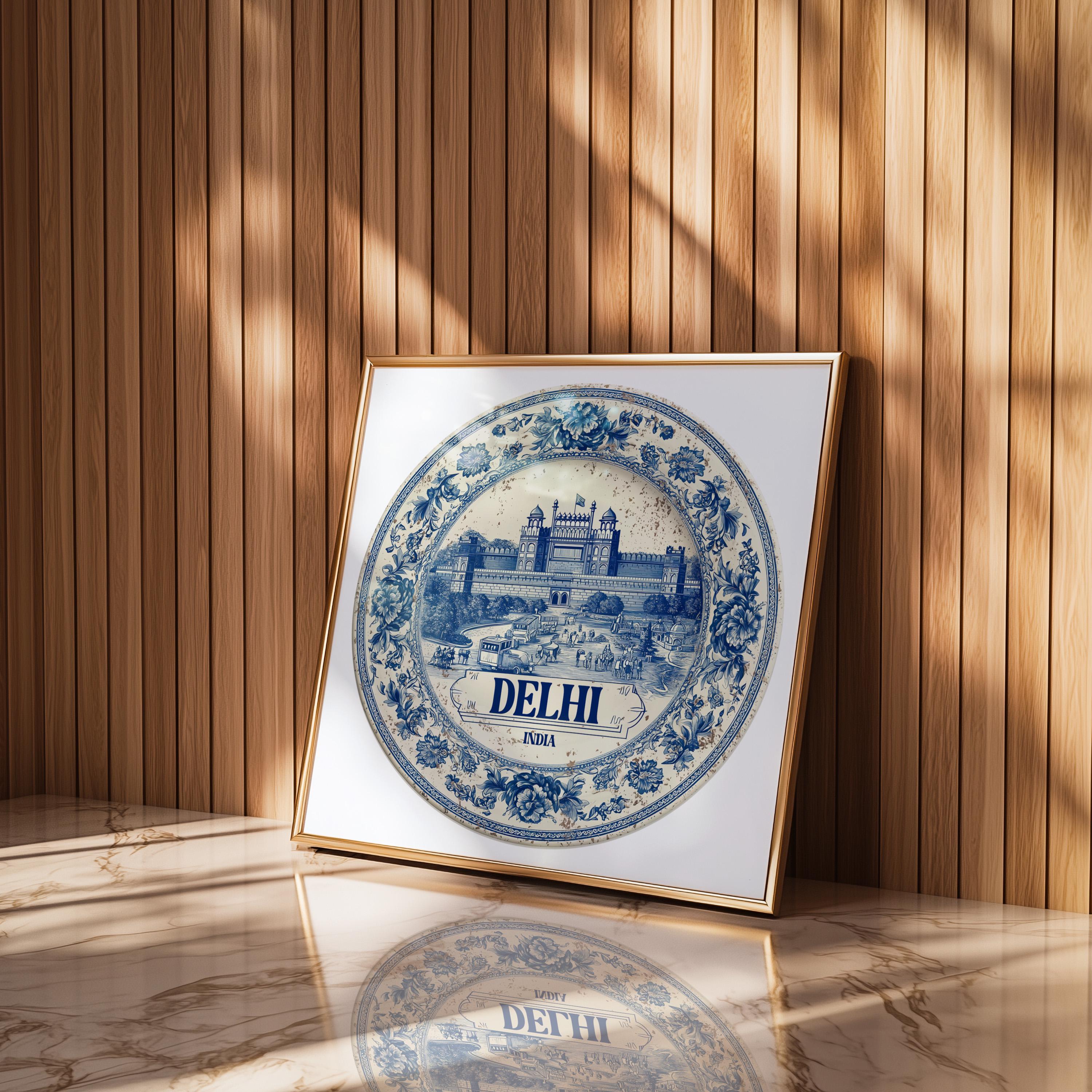 Delhi India Wall Art, Vintage Delft Blue Poster, City Print, Travel Home Decor