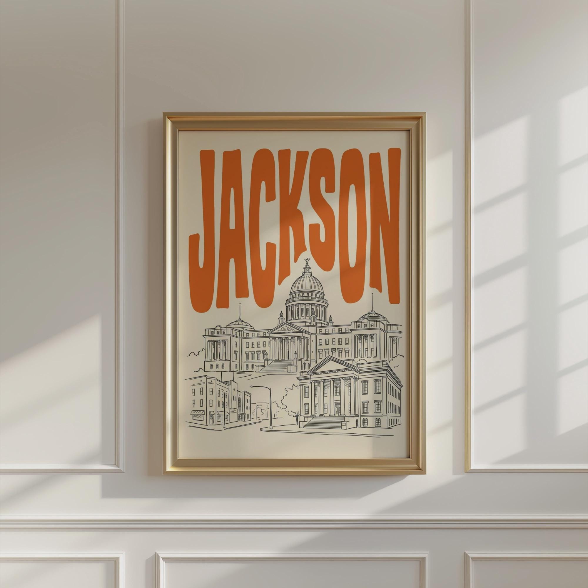 Jackson Mississippi Wall Minimalist Art, Framed Canvas Print, State Capitol Skyline Decor