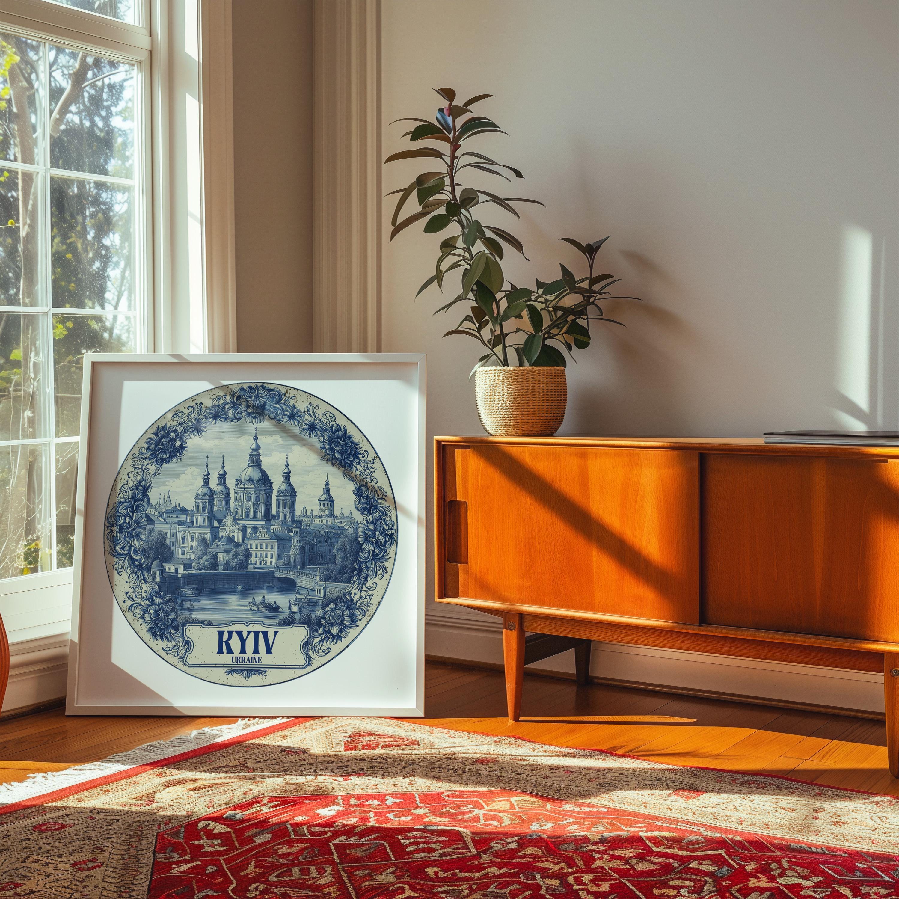 Kyiv Ukraine Wall Art, Vintage Delft Blue Poster, City Print, Travel Home Decor