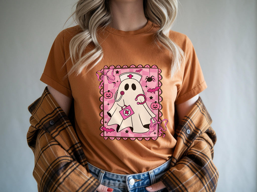 Pink ghost Halloween Nurse Shirt, Cute Pink Ghost RN Sweatshirt, Spooky Floral Nurse Outfit, Funny Halloween Nurse Gift for Nurse