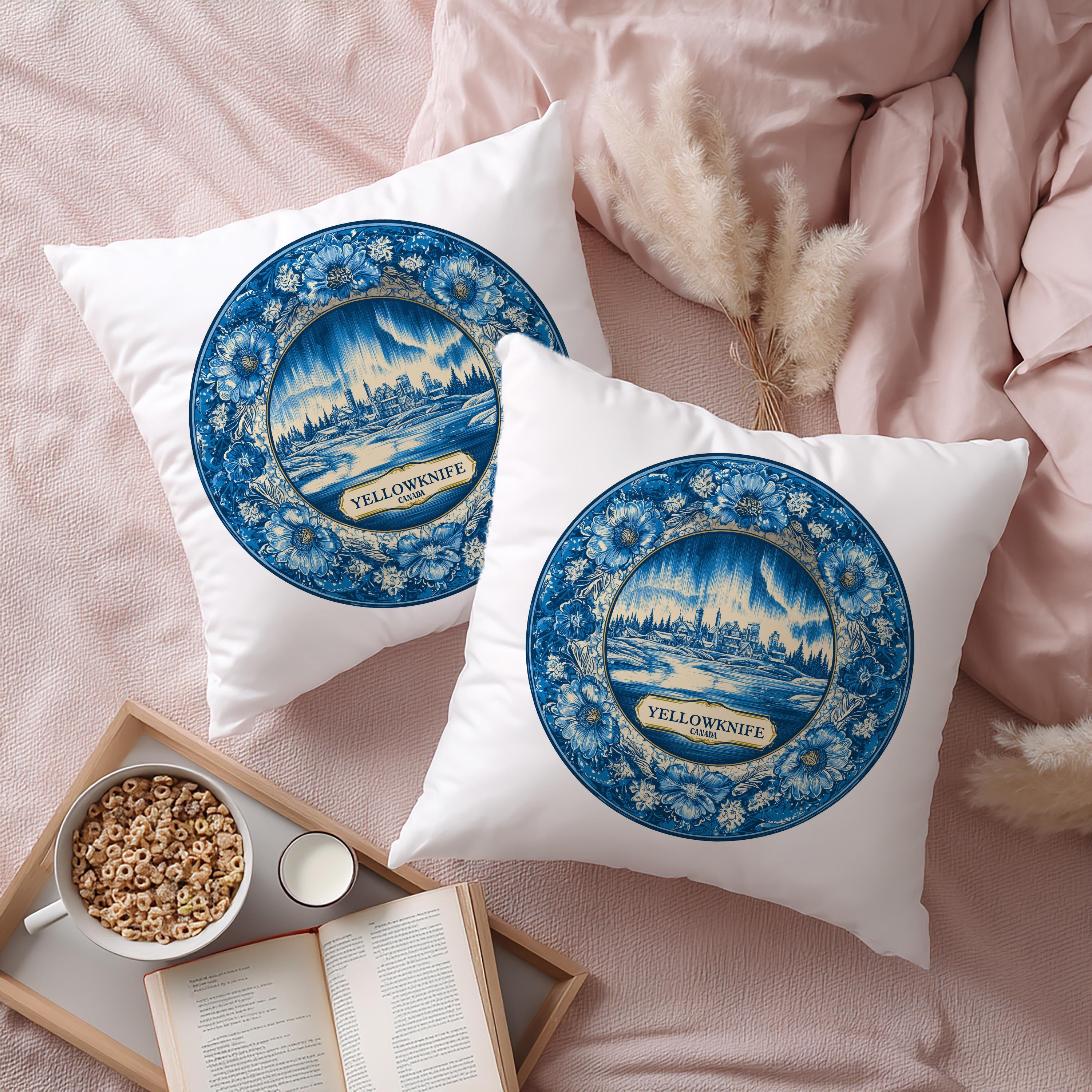 Yellowknife Canada Pillowcase, Delft Style Decorative Throw Pillow, Vintage Cityscape Retro Home Decor