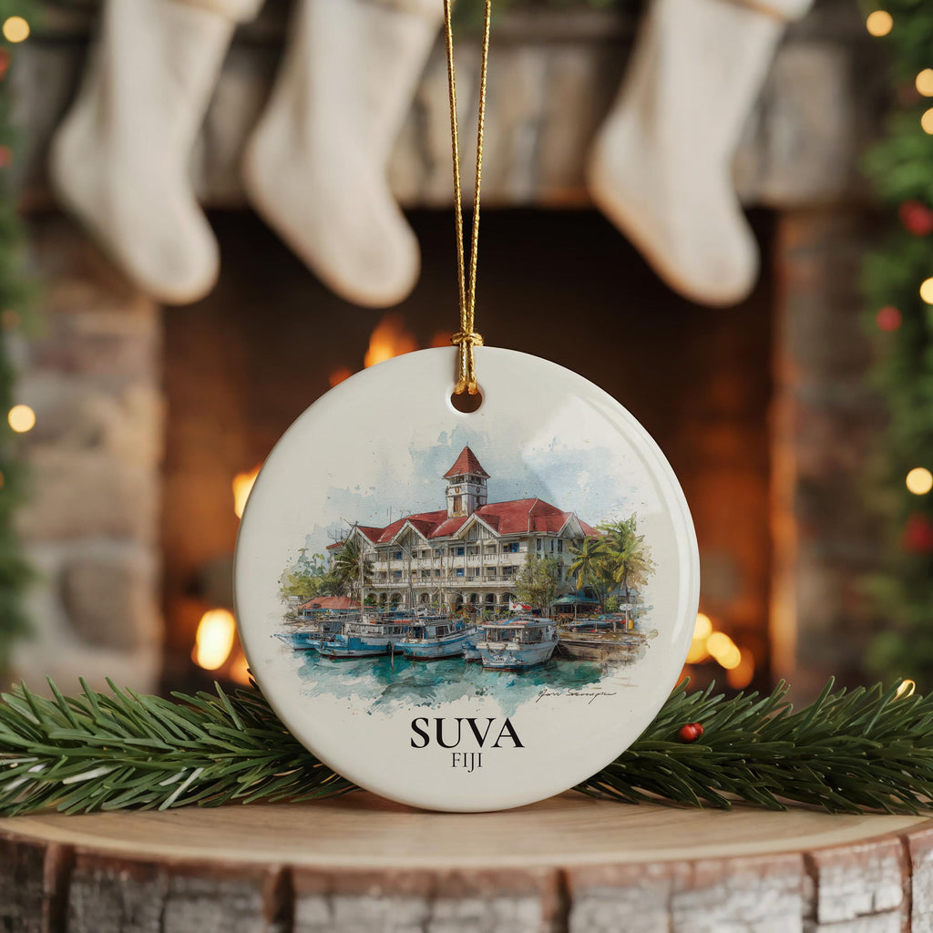 Suva Fiji Personalized Watercolor Ornament, Custom Ceramic Christmas gift, Travel Keepsake