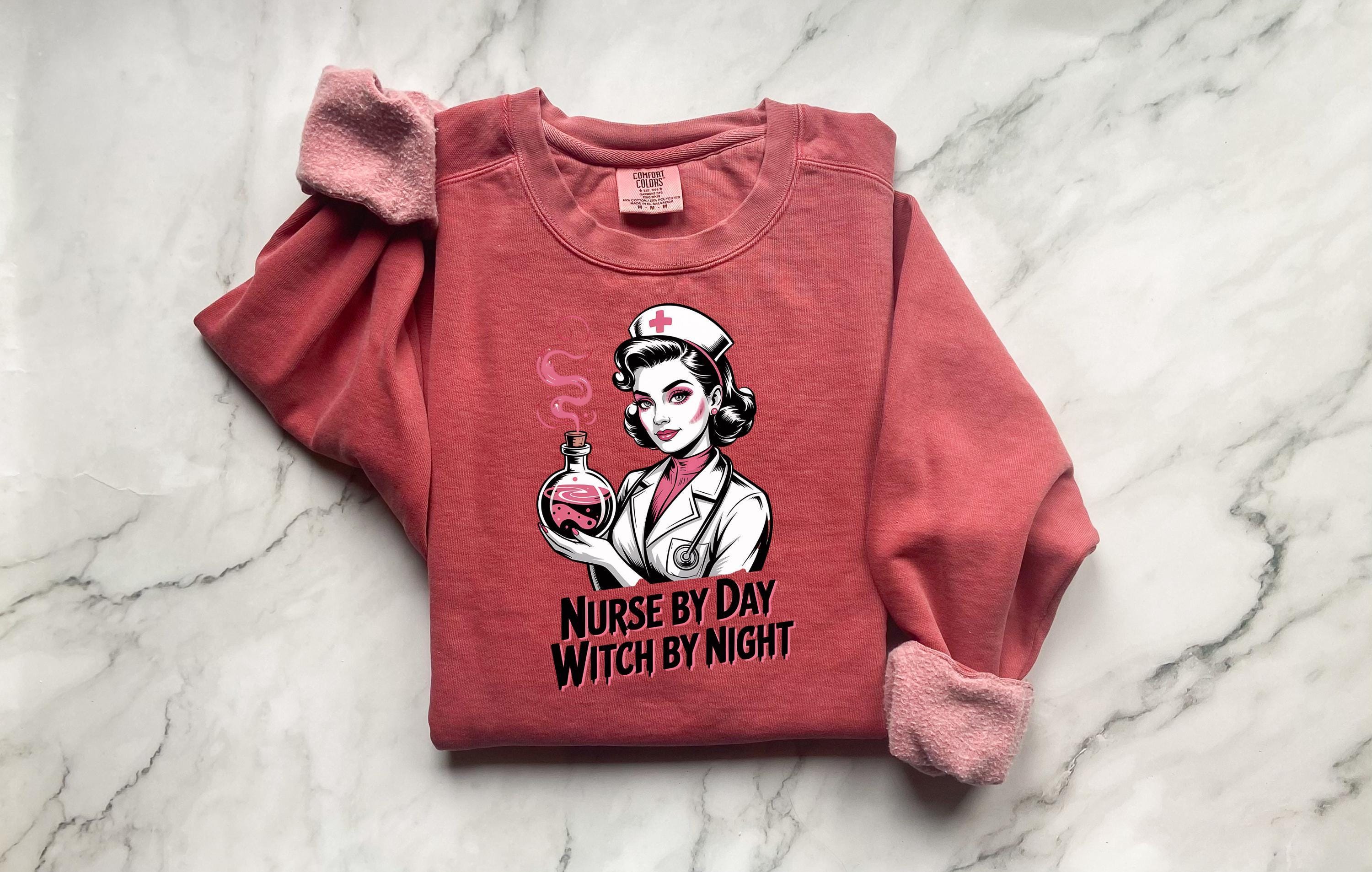 Nurse by Day Witch by Night Halloween Nurse Sweatshirt, Spooky RN Fall Top Cozy Autumn Pullover, Cute Retro Gift for Nurse