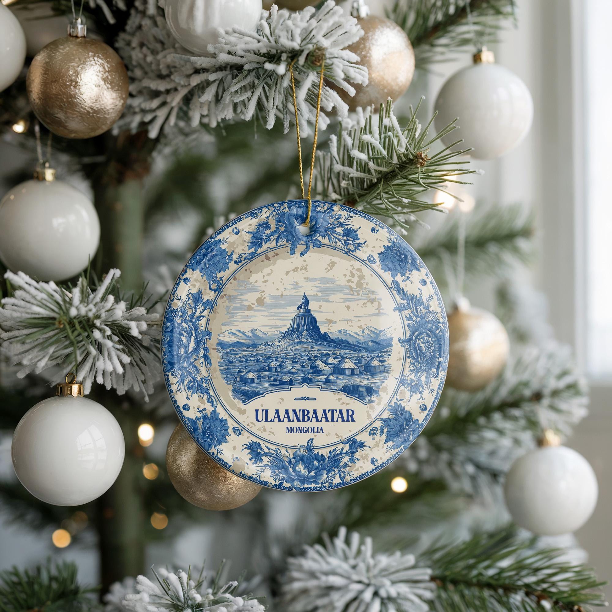 Custom Ulaanbaatar Mongolia Ceramic Delft Ornament, Christmas Delftware Blue Delftware city travel
