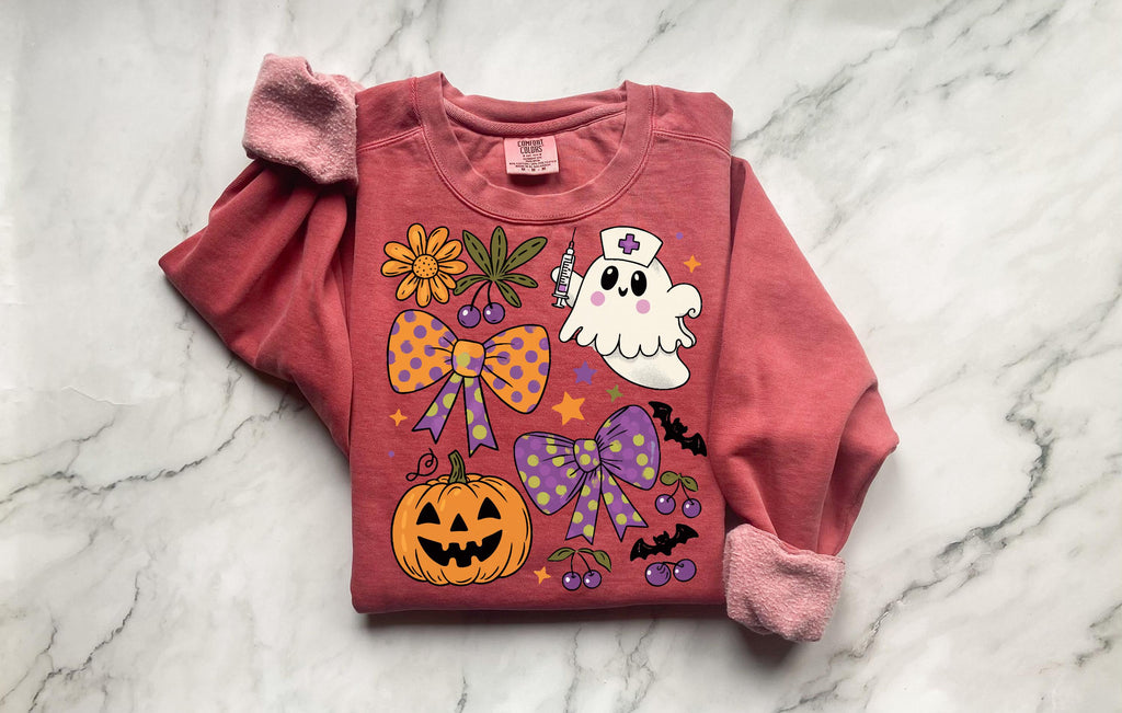 Halloween Nurse Ghost Sweatshirt, Retro Spooky Pumpkin Fall Crewneck, Cute Ghost Nurse Pullover with Flowers and Bows, Gift for RN
