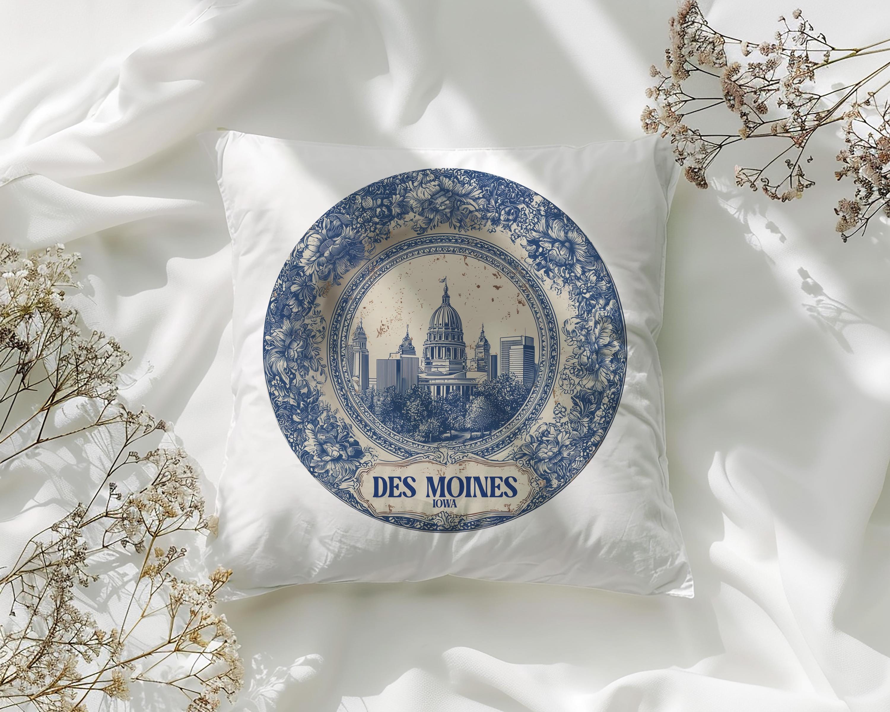 Des Moines Iowa Pillowcase, Delft Style Decorative Throw Pillow, Vintage Cityscape Retro Home Decor
