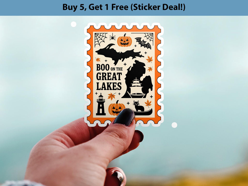 Michigan Stamp Halloween Sticker, Spooky USA Kiss-Cut Vinyl, Waterproof Decal, United States Travel