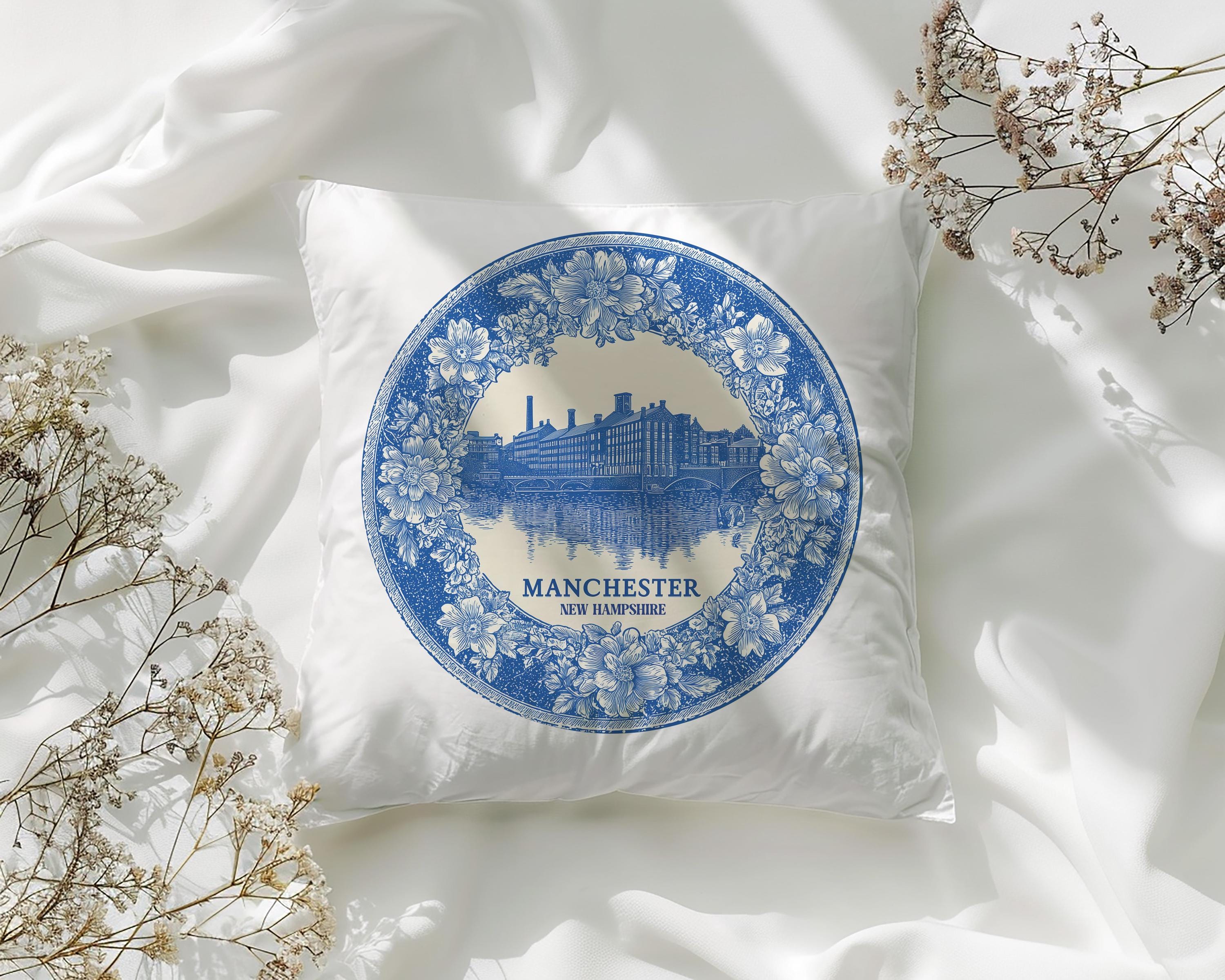 Manchester New Hampshire Pillowcase, Delft Style Decorative Throw Pillow, Vintage Cityscape Retro Home Decor