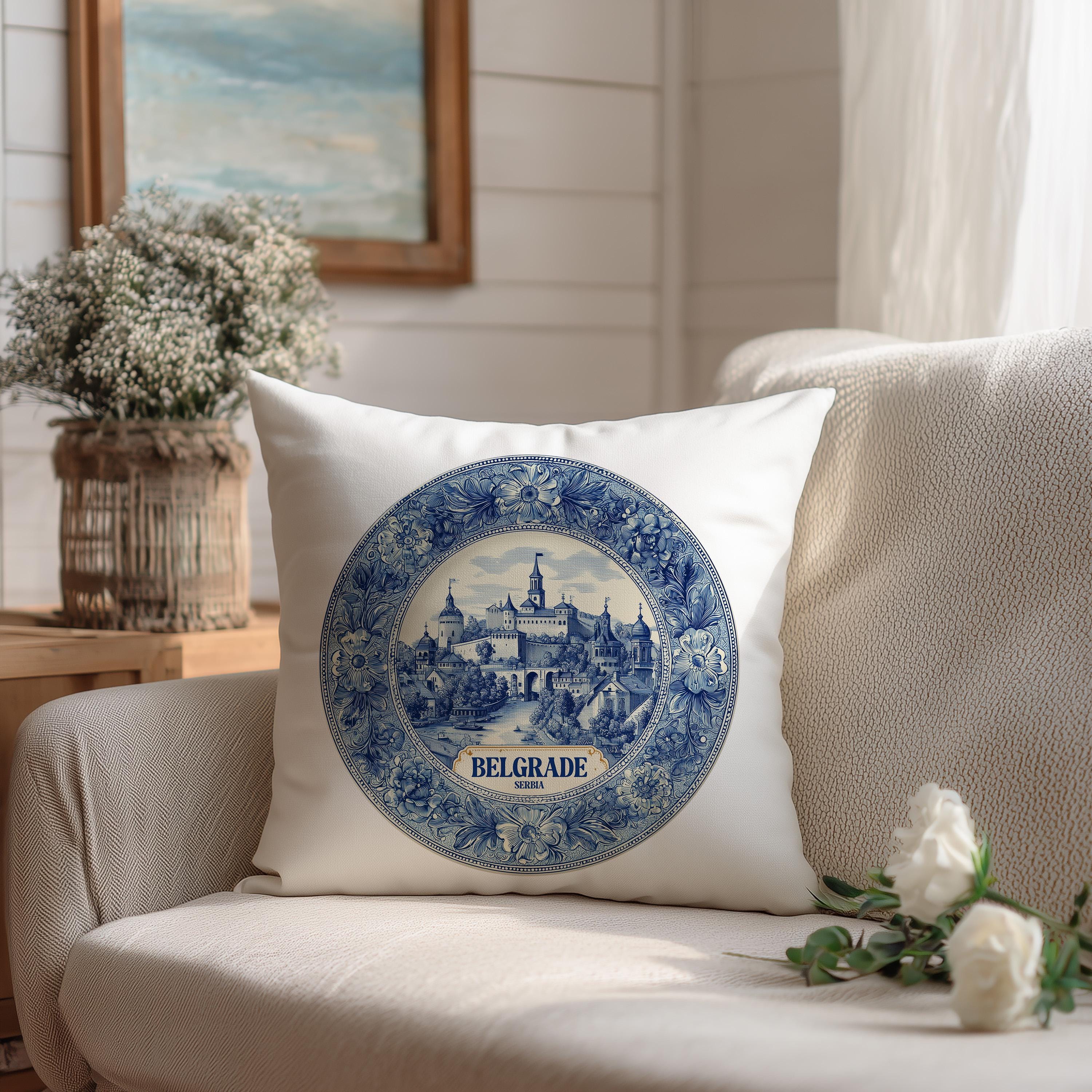 Belgrade Serbia Pillowcase, Delft Style Decorative Throw Pillow, Vintage Cityscape Retro Home Decor