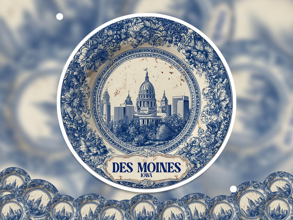 Des Moines Iowa Sticker Vintage Delft style, Delftware Decal Waterproof Vinyl, Blue City Travel USA
