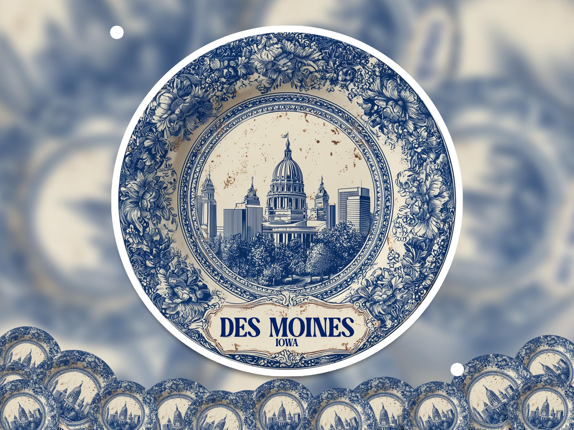 Des Moines Iowa Sticker Vintage Delft style, Delftware Decal Waterproof Vinyl, Blue City Travel USA