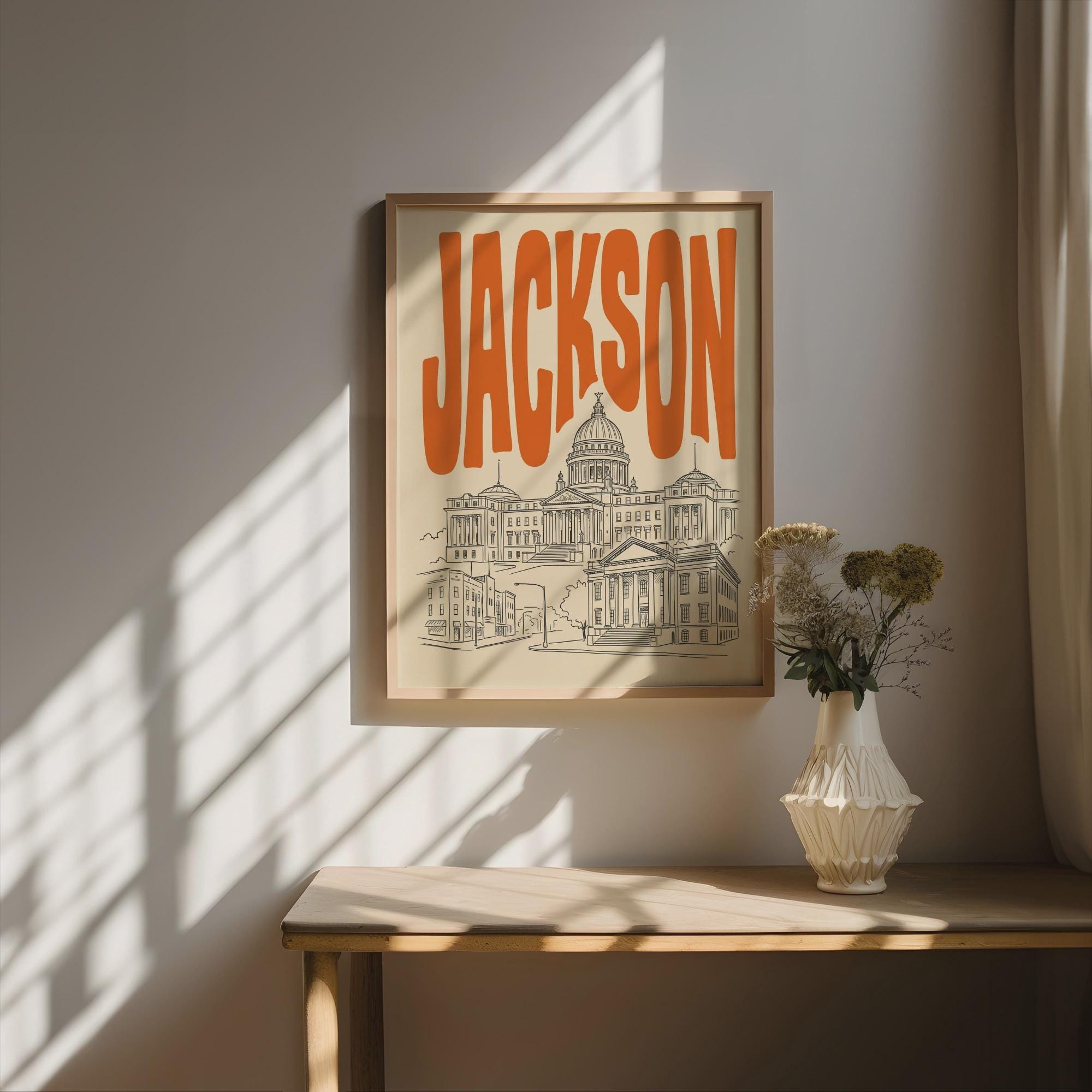 Jackson Mississippi Wall Minimalist Art, Framed Canvas Print, State Capitol Skyline Decor