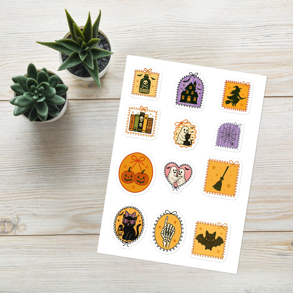 Vintage Halloween Sticker sheet, Spooky Retro ghost Witch Decal