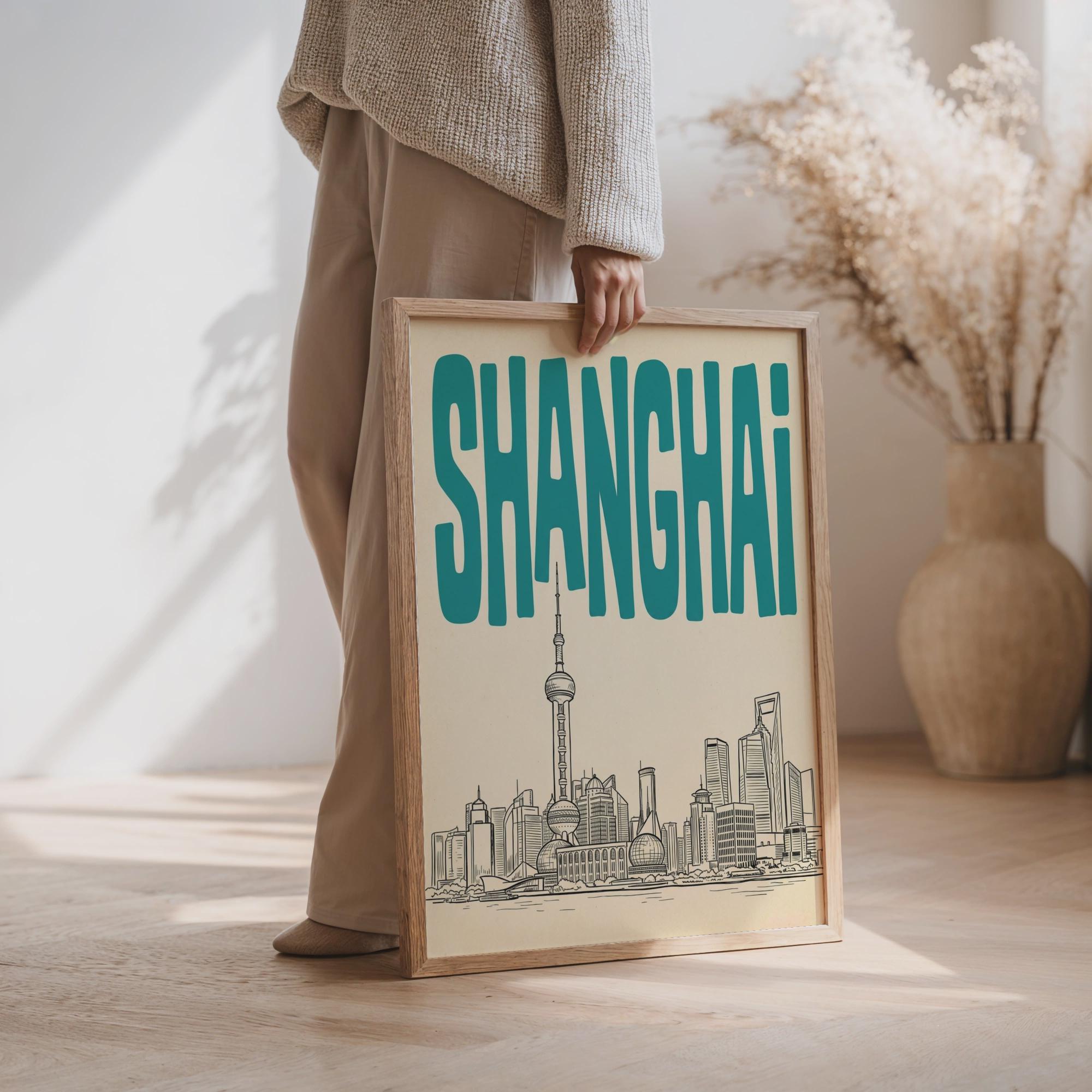Shanghai Skyline Wall Art, Vintage Travel Poster, Framed Canvas Print
