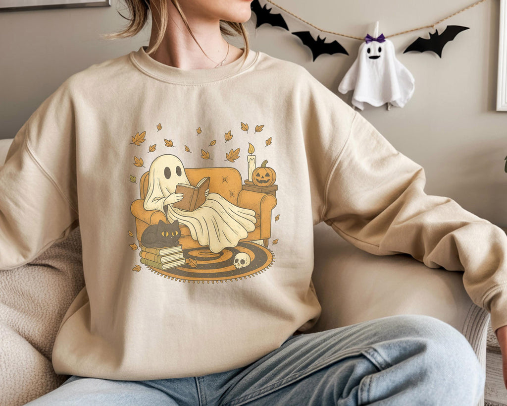 Ghost Book Reader Halloween Sweatshirt: Cozy Spooky Season Gift for book lovers