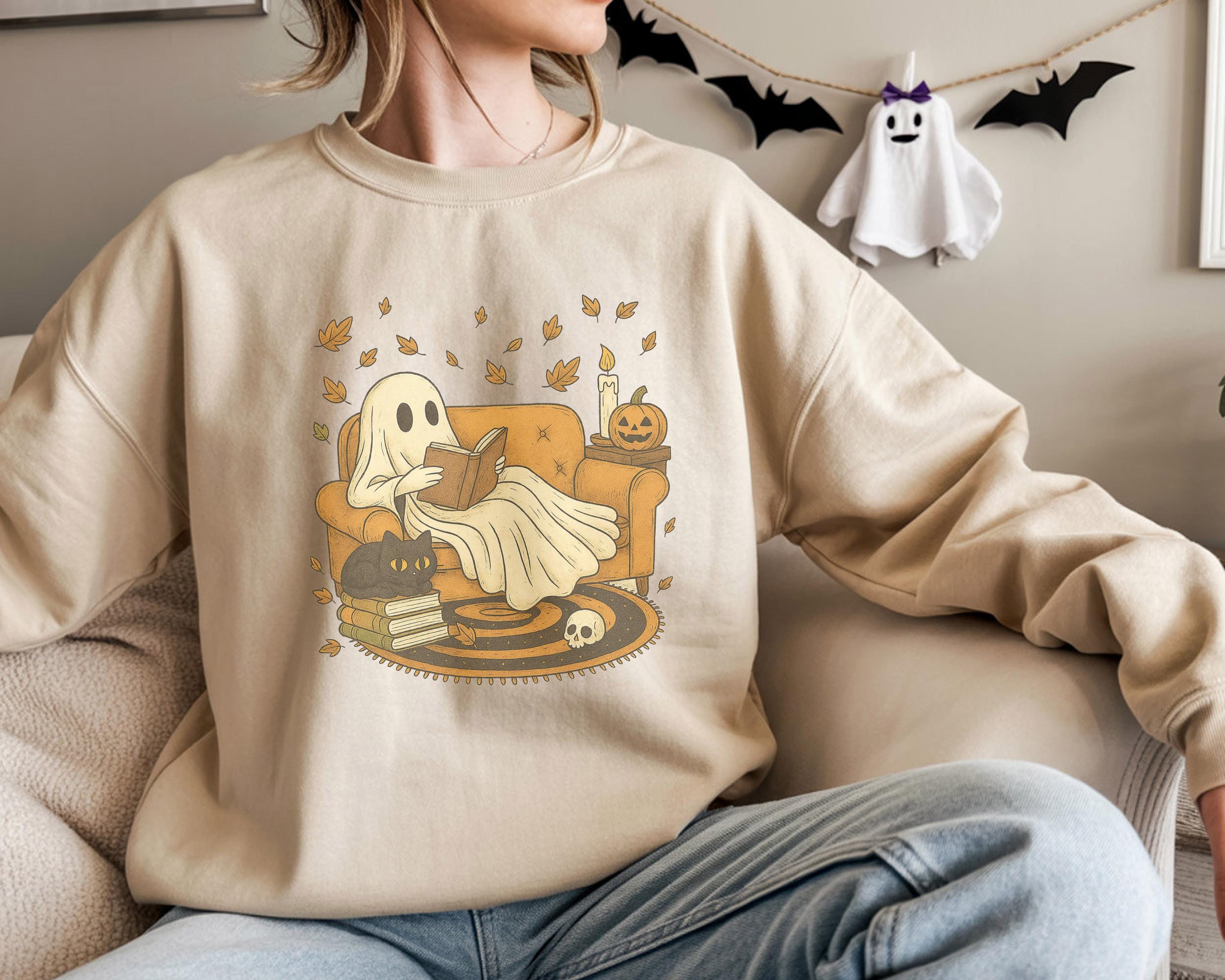 Ghost Book Reader Halloween Sweatshirt: Cozy Spooky Season Gift for book lovers