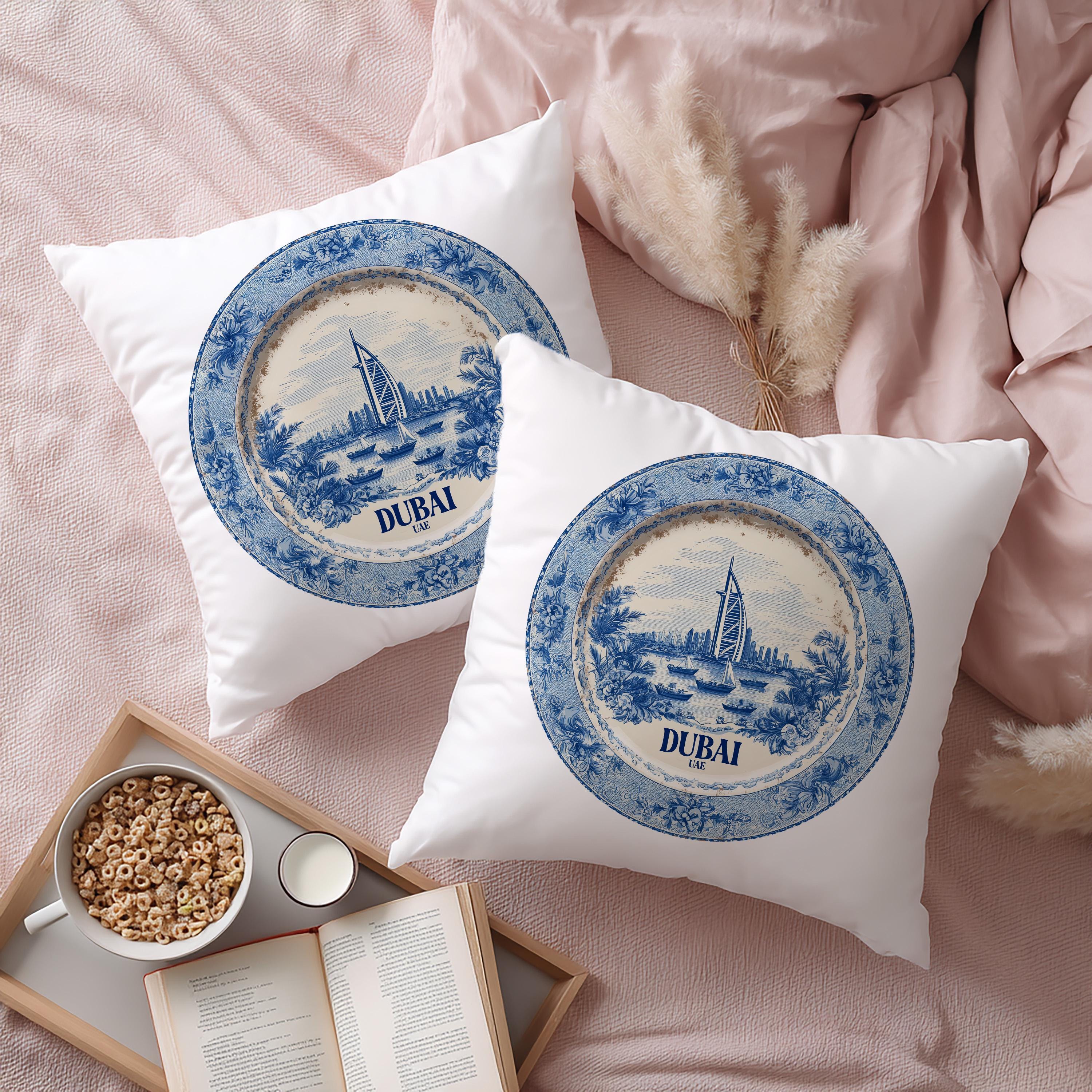 Dubai UAE Pillowcase, Delft Style Decorative Throw Pillow, Vintage Cityscape Retro Home Decor