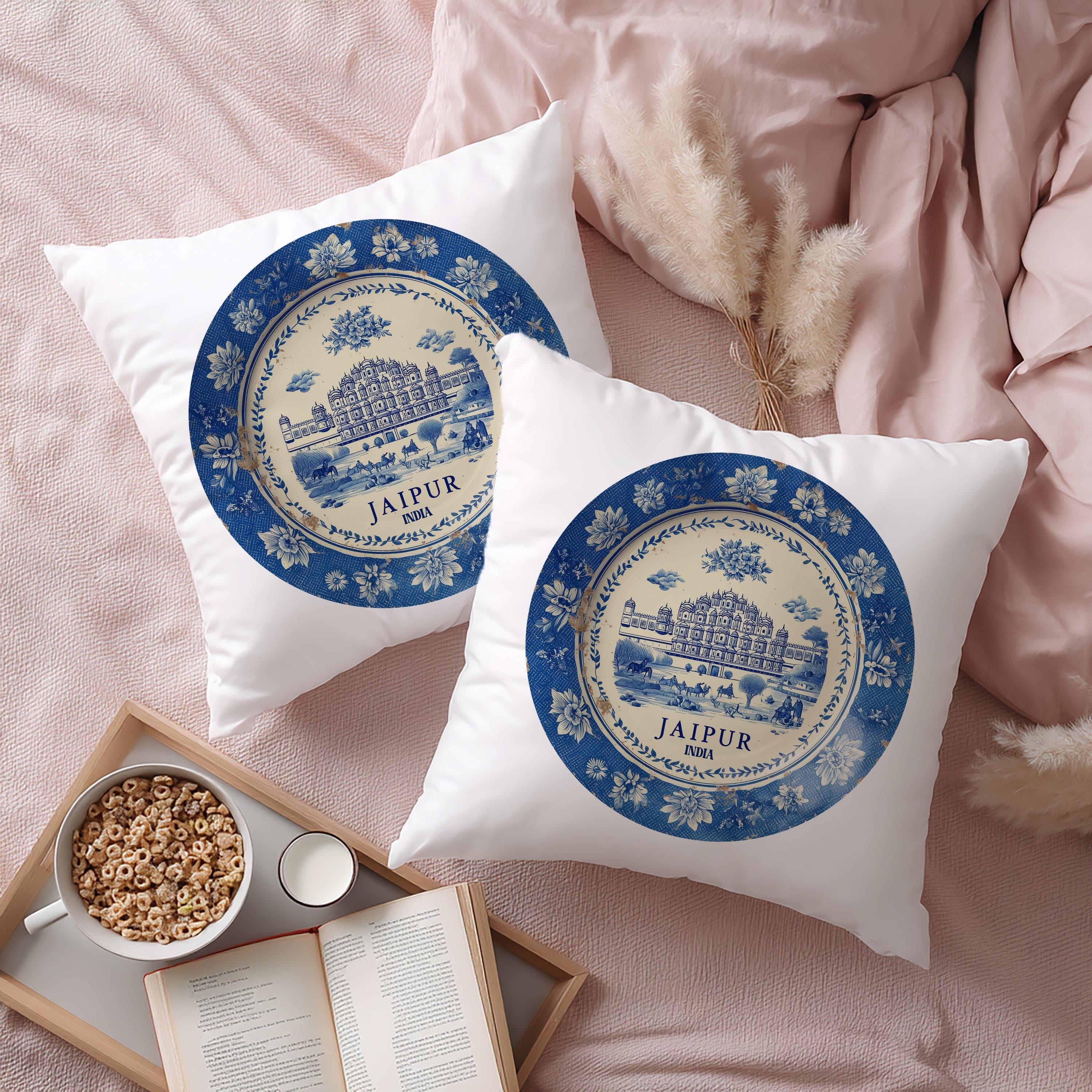 Jaipur India Pillowcase, Delft Style Decorative Throw Pillow, Vintage Cityscape Retro Home Decor