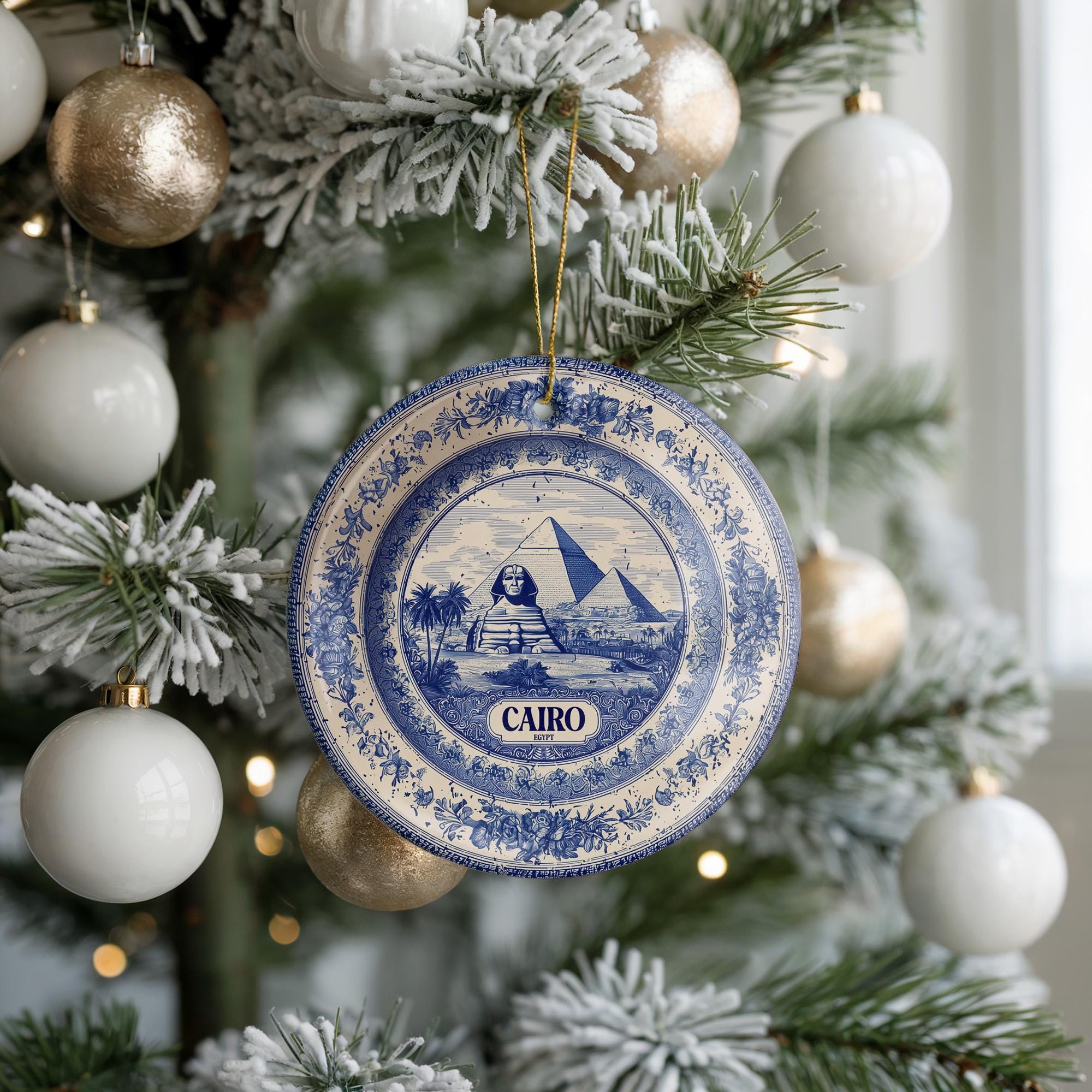 Custom Cairo Egypt Ceramic Delft Ornament, Christmas Delftware Blue Delftware city travel
