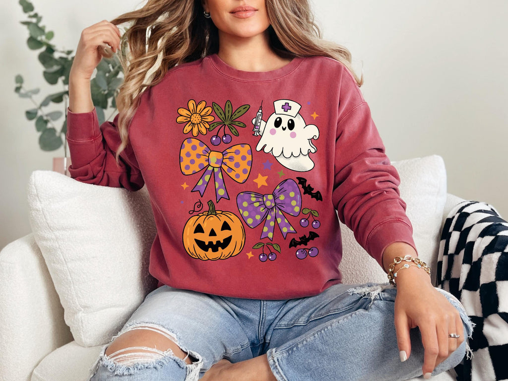 Halloween Nurse Ghost Sweatshirt, Retro Spooky Pumpkin Fall Crewneck, Cute Ghost Nurse Pullover with Flowers and Bows, Gift for RN